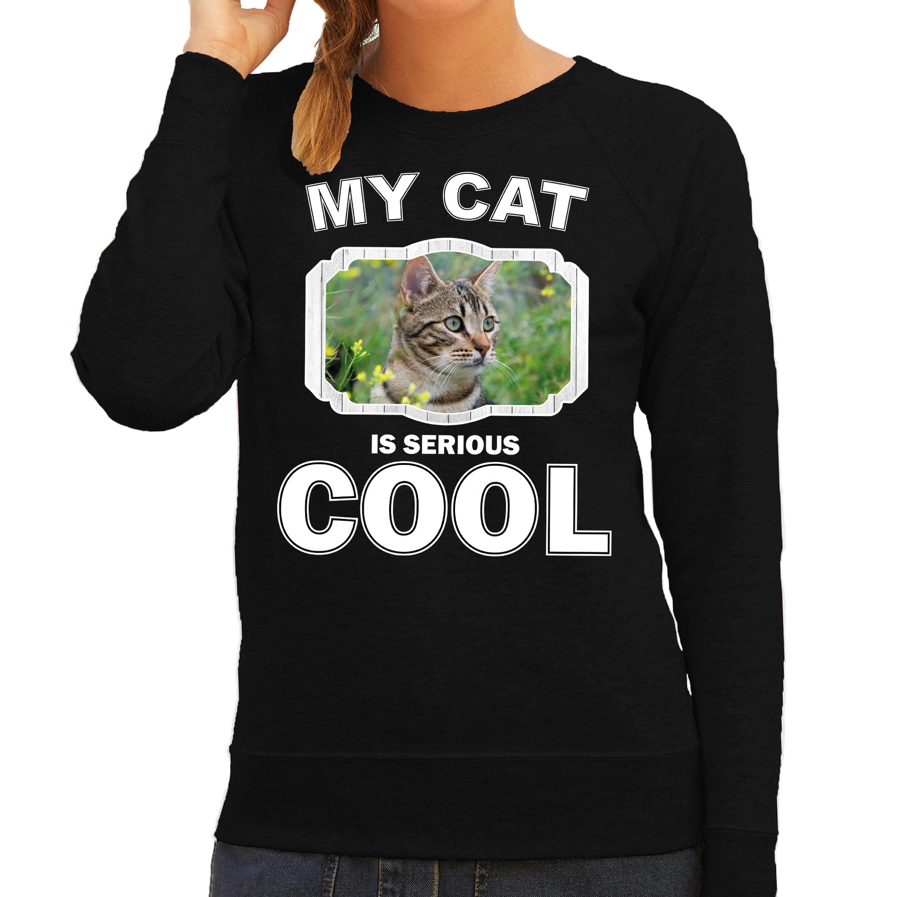 Bruine kat katten sweater-trui my cat is serious cool zwart voor dames