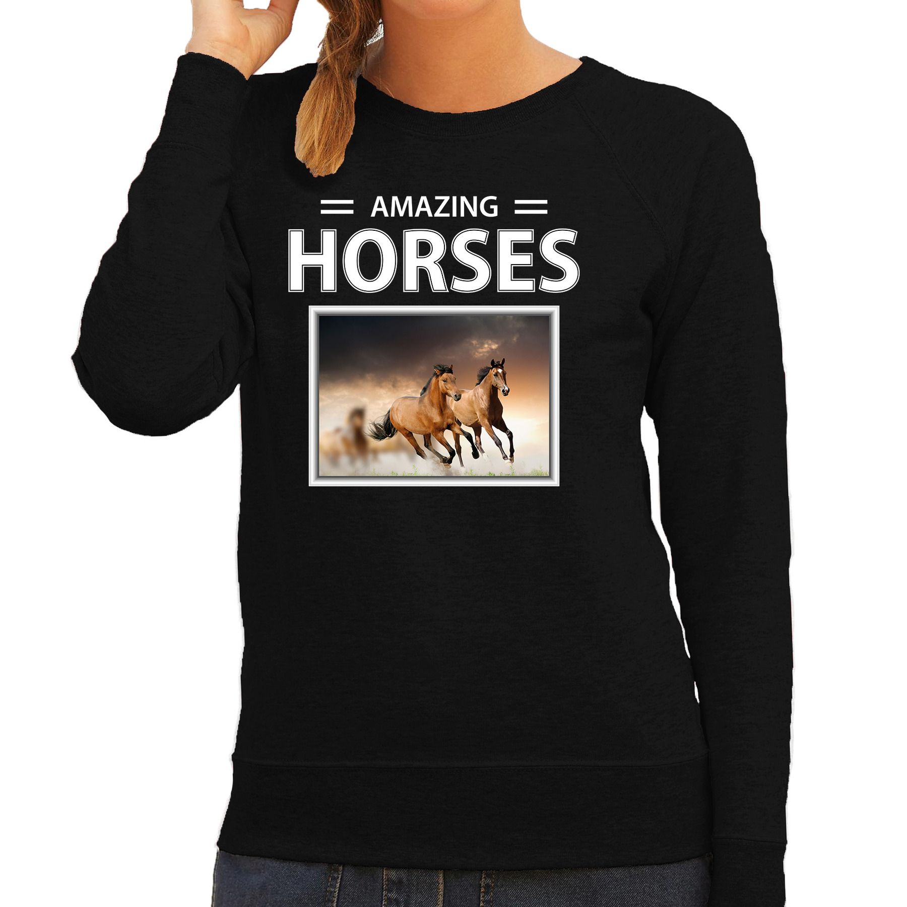 Bruine paarden sweater-trui met dieren foto amazing horses zwart voor dames