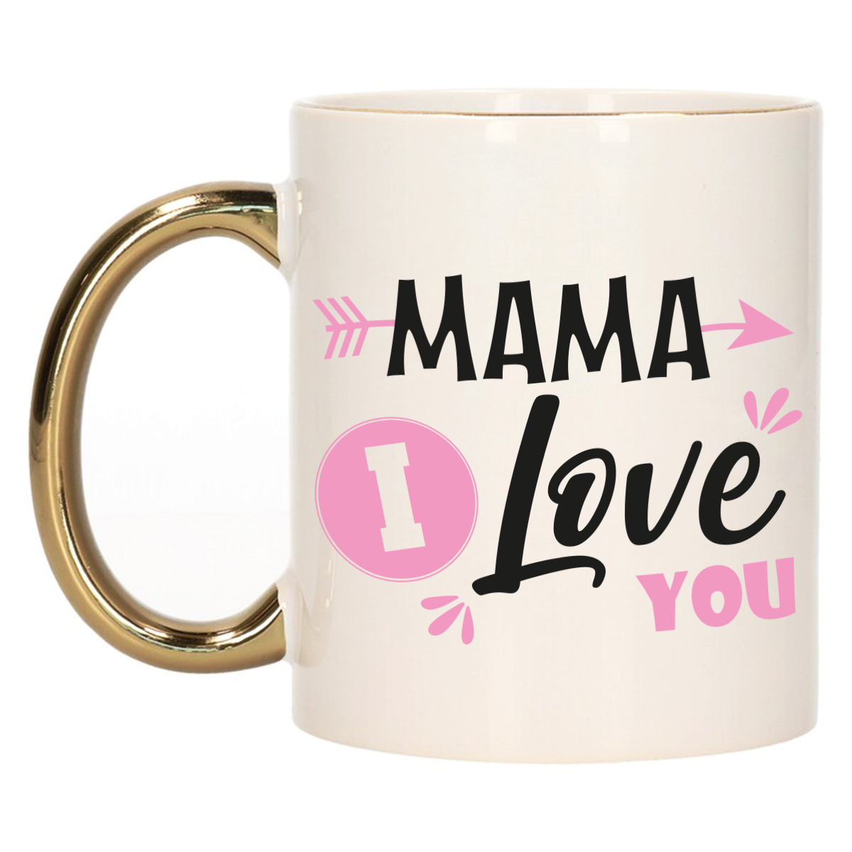 Cadeau koffie-thee mok voor mama roze met gouden oor love keramiek Moederdag