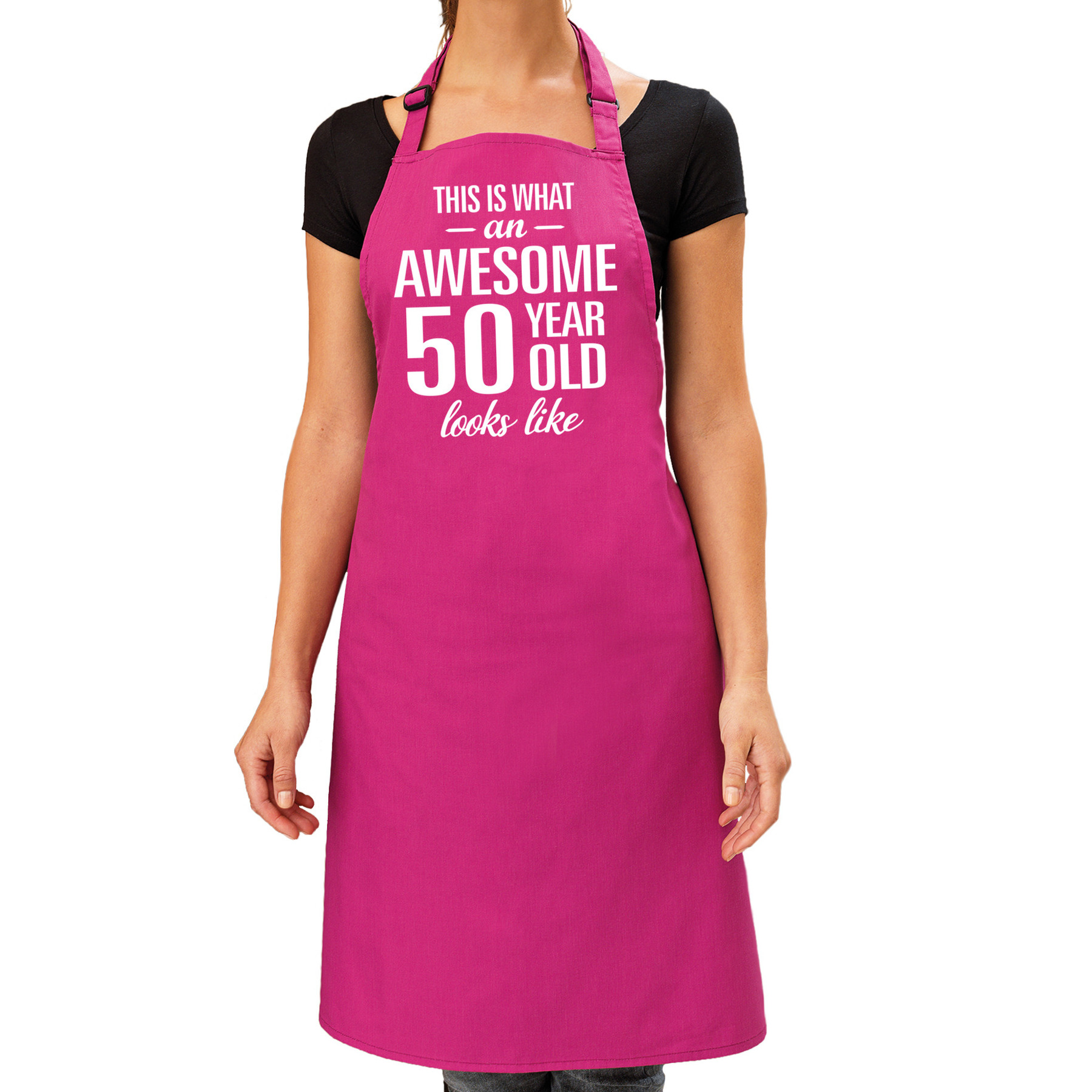 Cadeau schort voor dames awesome 50 year roze keukenschort verjaardag 50 jaar