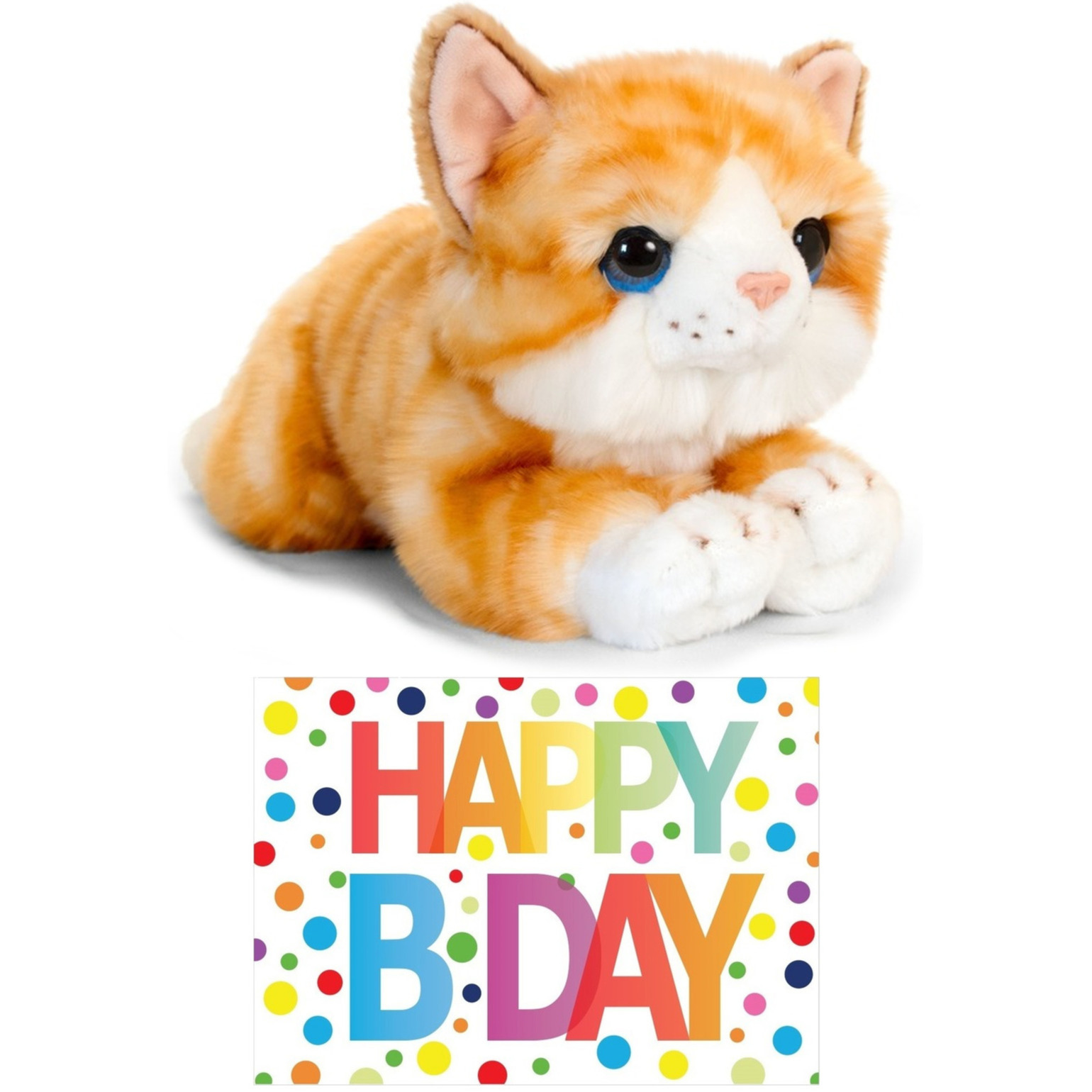 Cadeau setje pluche rood-witte kat-poes knuffel 32 cm met Happy Birthday wenskaart