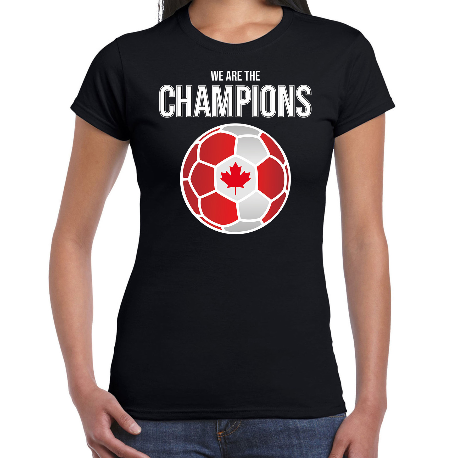 Canada WK supporter t-shirt we are the champions met Canadese voetbal zwart dames