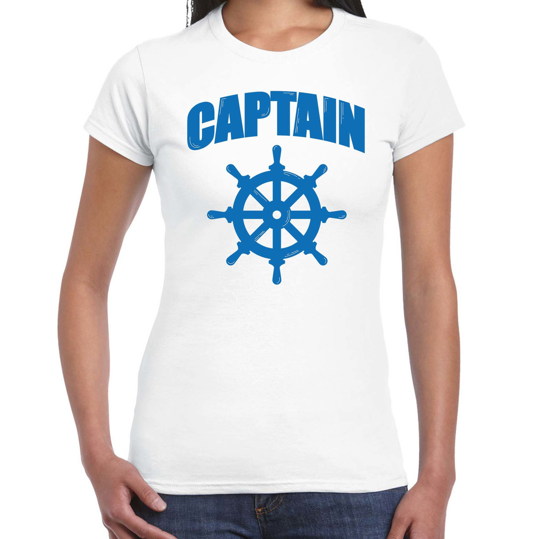 Captain-kapitein met roer-stuur verkleed t-shirt wit voor dames