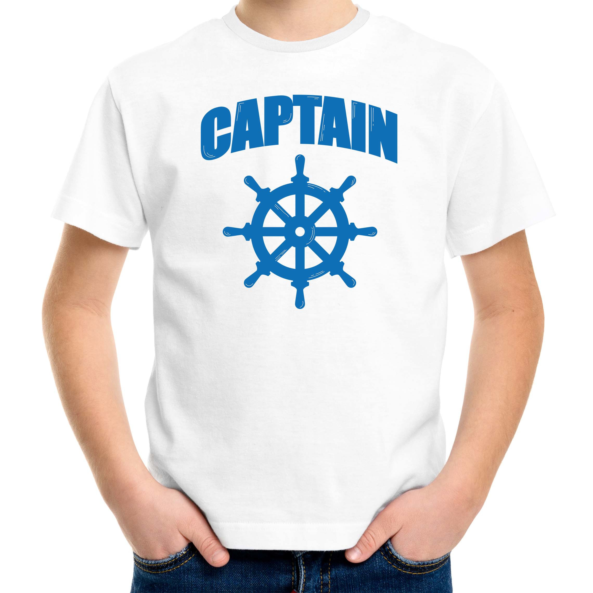 Captain-kapitein met roer-stuur verkleed t-shirt wit voor kinderen