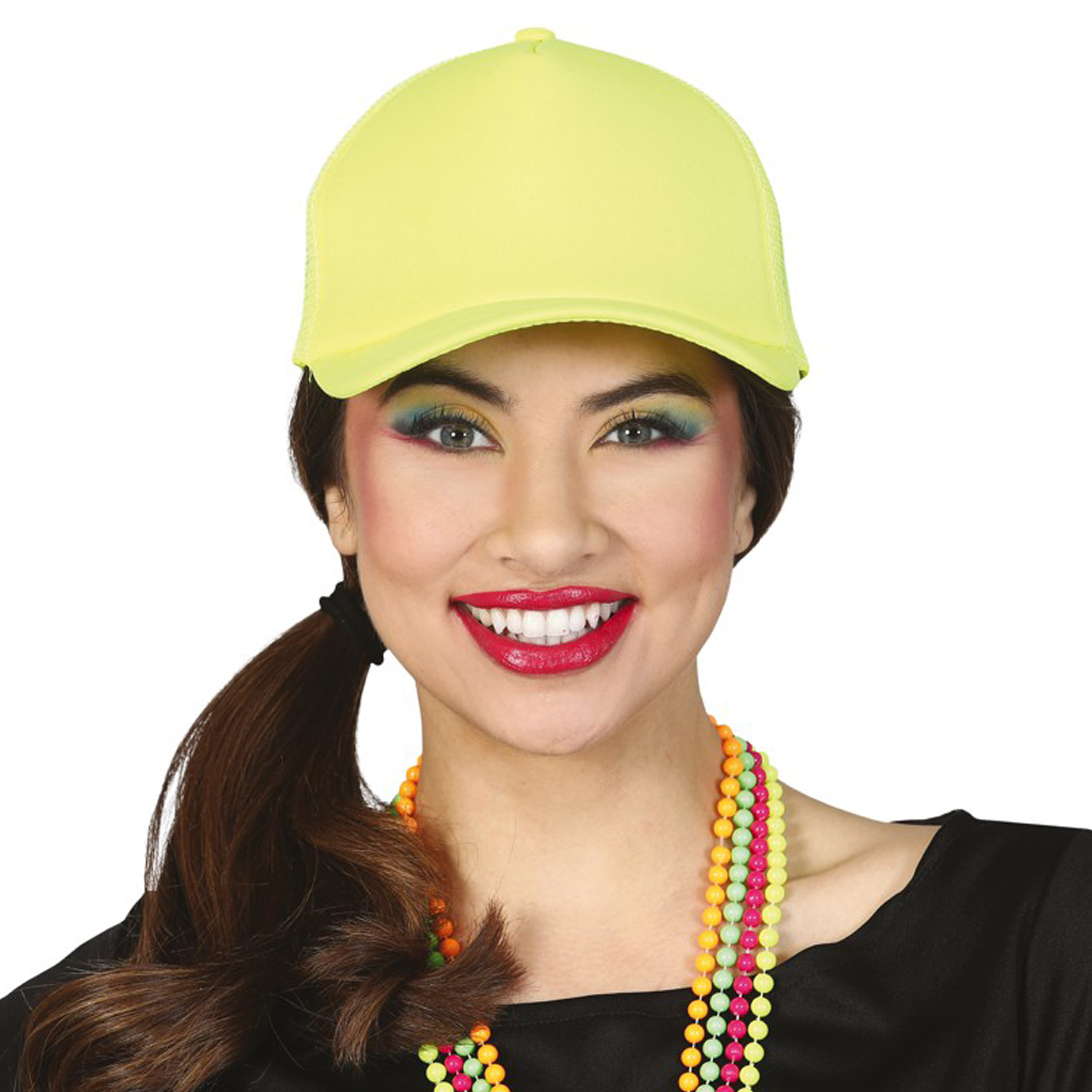 Carnaval baseballcap petje fluor geel verkleed accessoires volwassenen Eighties-disco