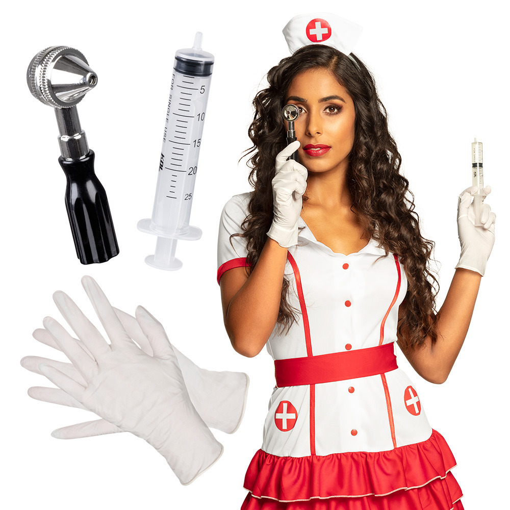 Carnaval-verkleed accessoires Zuster-verpleegster hoedje-spuit-otoscoop-handschoenen