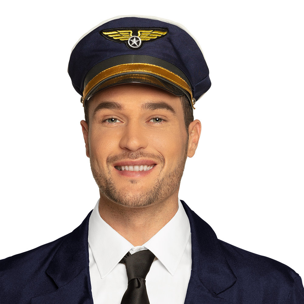 Carnaval verkleed Piloten hoedje blauw-goud voor volwassenen Luchtvaart thema