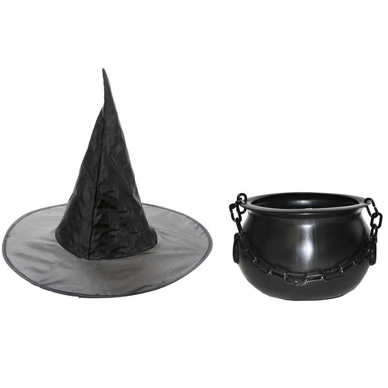 Carnavalskleding heksen accessoires heksenhoed en heksenketel 24 cm voor meisjes-kinderen