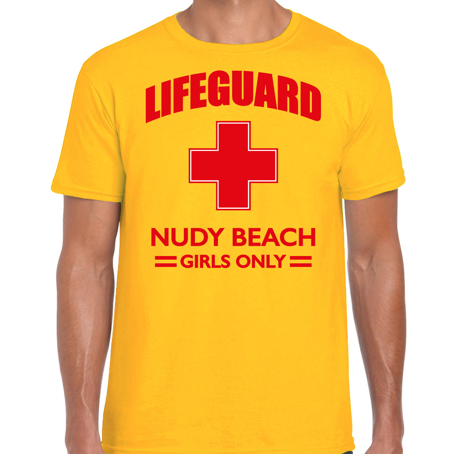Carnavalskleding reddingsbrigade-lifeguard Nudy Beach girls only shirt geel-voor bedrukking heren