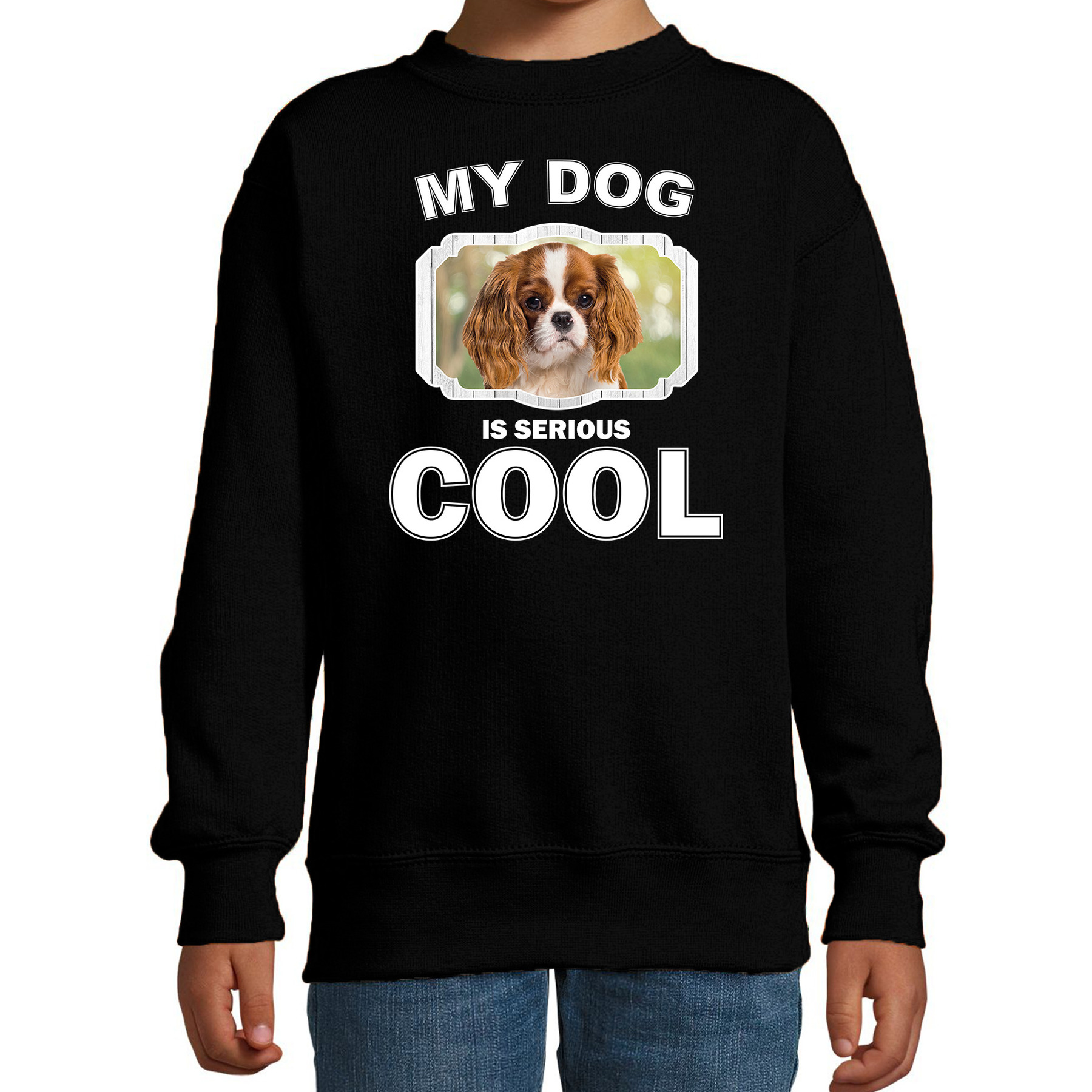 Charles spaniel honden trui-sweater my dog is serious cool zwart voor kinderen