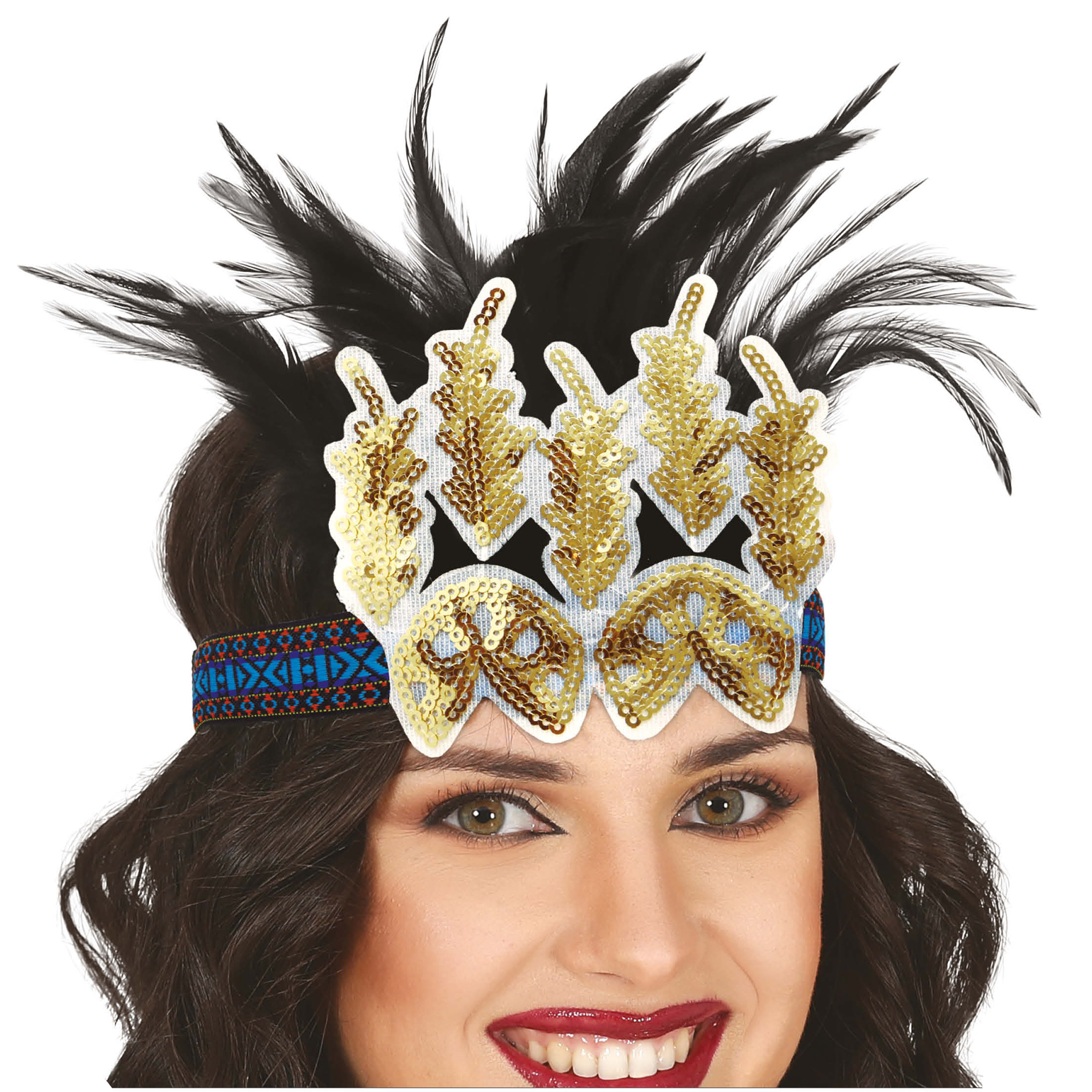 Charleston luxe hoofdband met zwarte veren en glitters goud dames jaren 20 thema