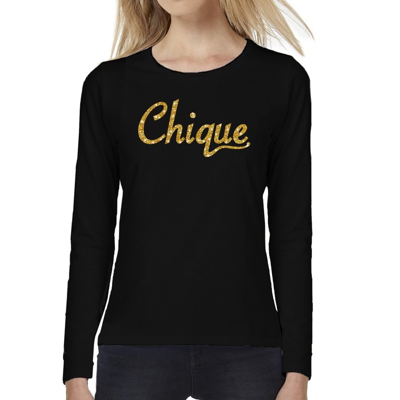 Chique goud glitter tekst t-shirt long sleeve zwart voor dames