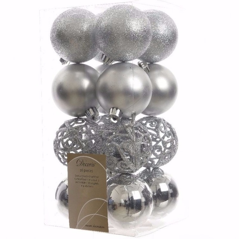 Christmas Silver zilveren kerstversiering kerstballen pakket 16 stuks