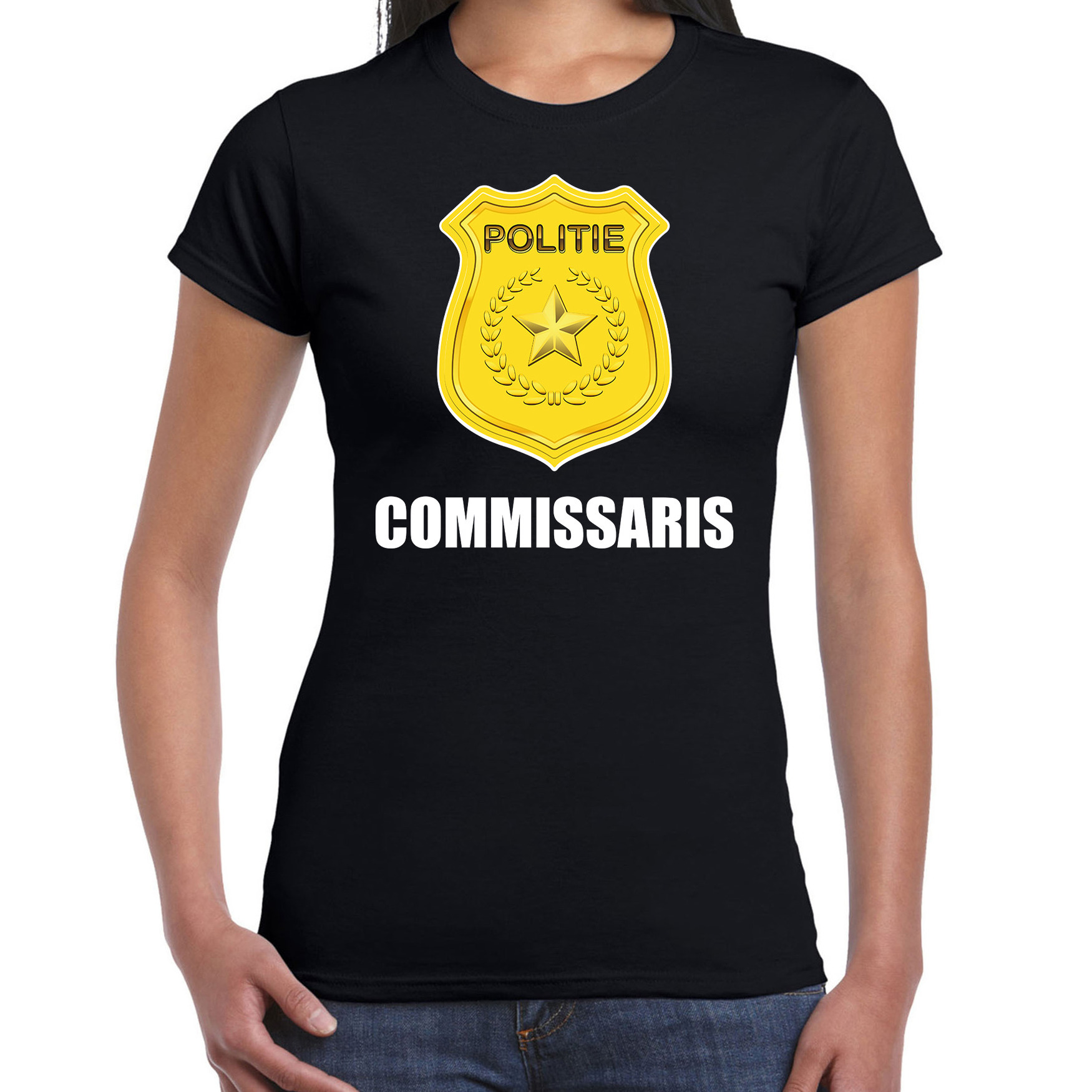 Commissaris politie embleem carnaval t-shirt zwart voor dames