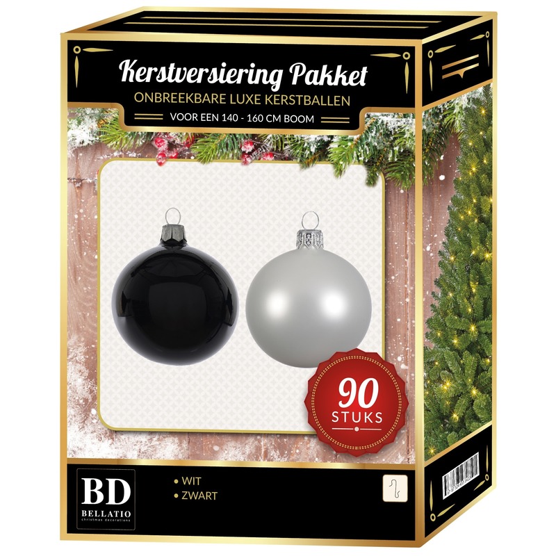 Complete kerstballen set wit-zwart voor 150 cm Kerstboom