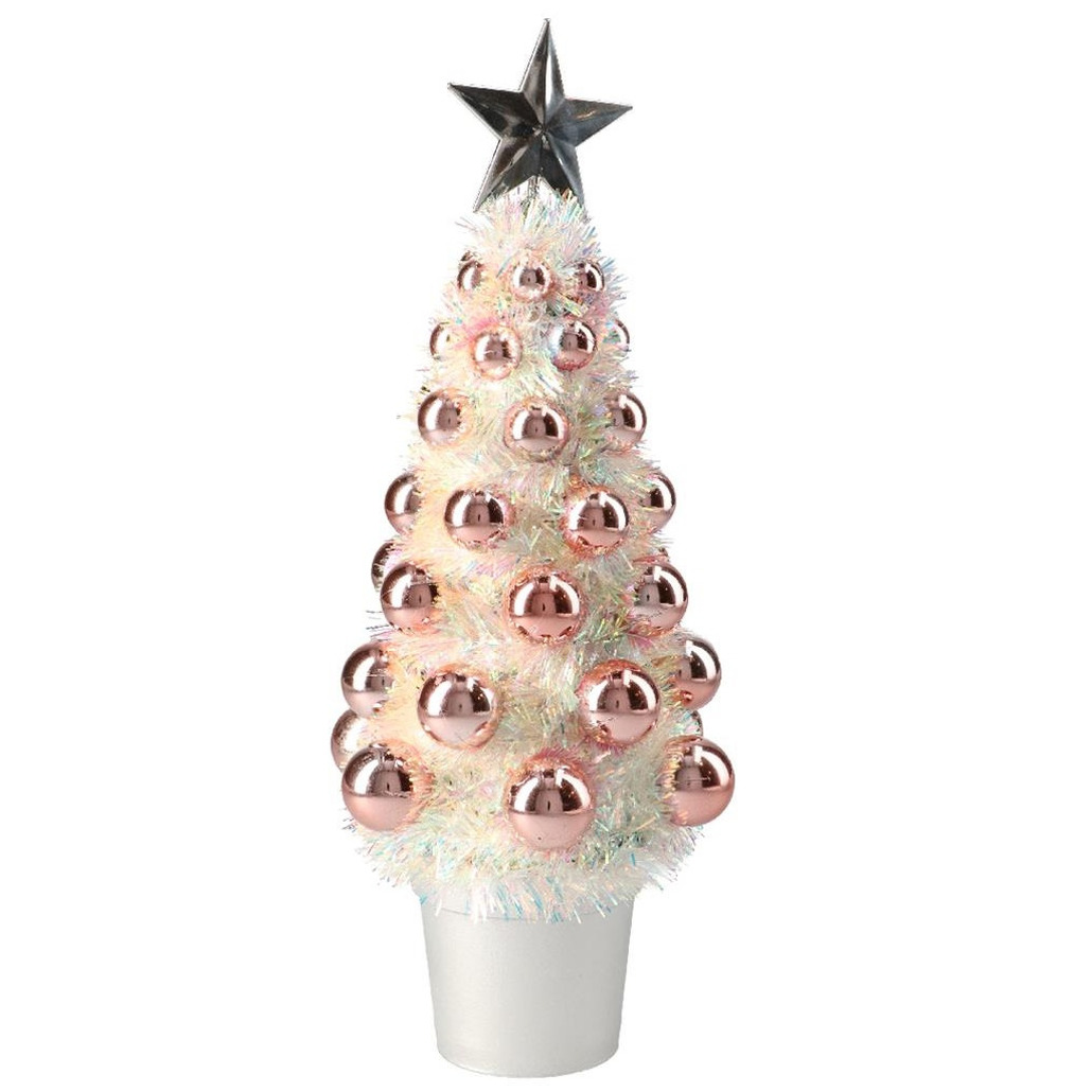 Complete mini kunst kerstboompje-kunstboompje zalm roze met kerstballen 29 cm