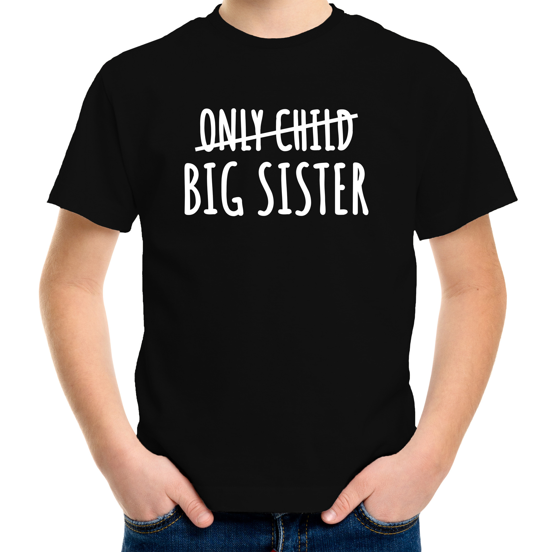 Correctie only child big sister grote zus cadeau t-shirt zwart meisjes Aankondiging broer of zus