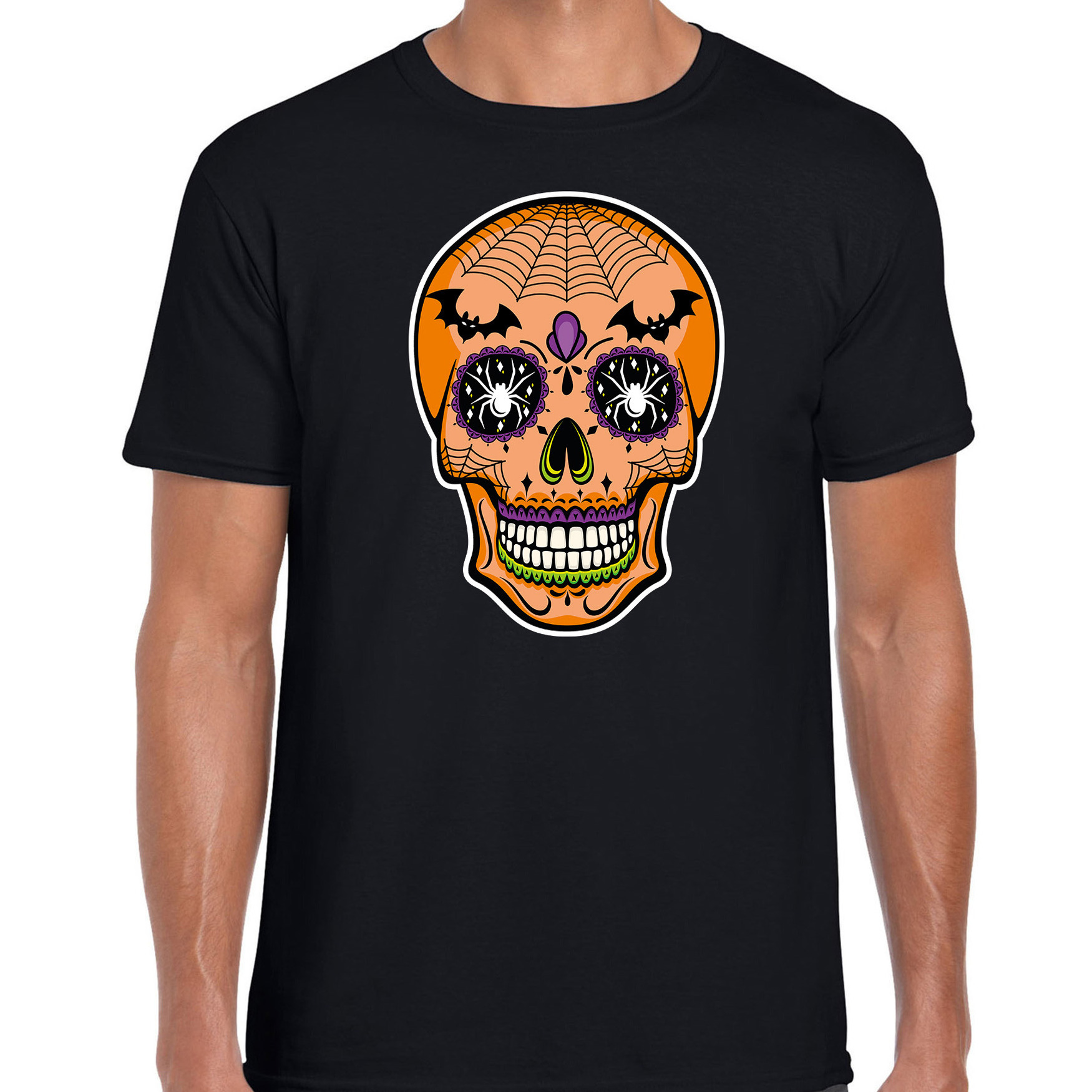 Day of the dead skelet gezicht halloween verkleed t-shirt zwart voor heren