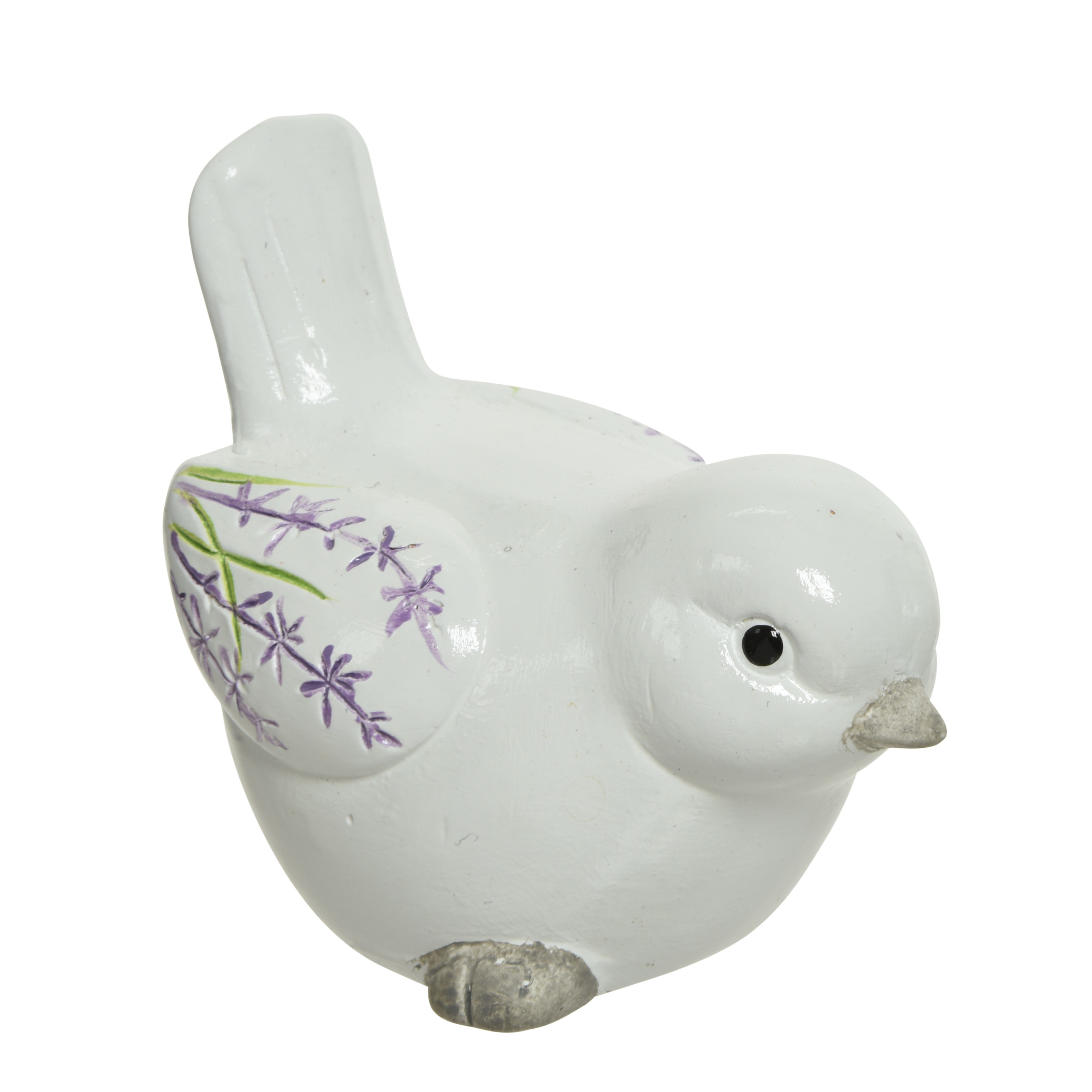 Decoratie dieren beeld vogel wit met lavendel bloemen met staart omhoog 9 cm
