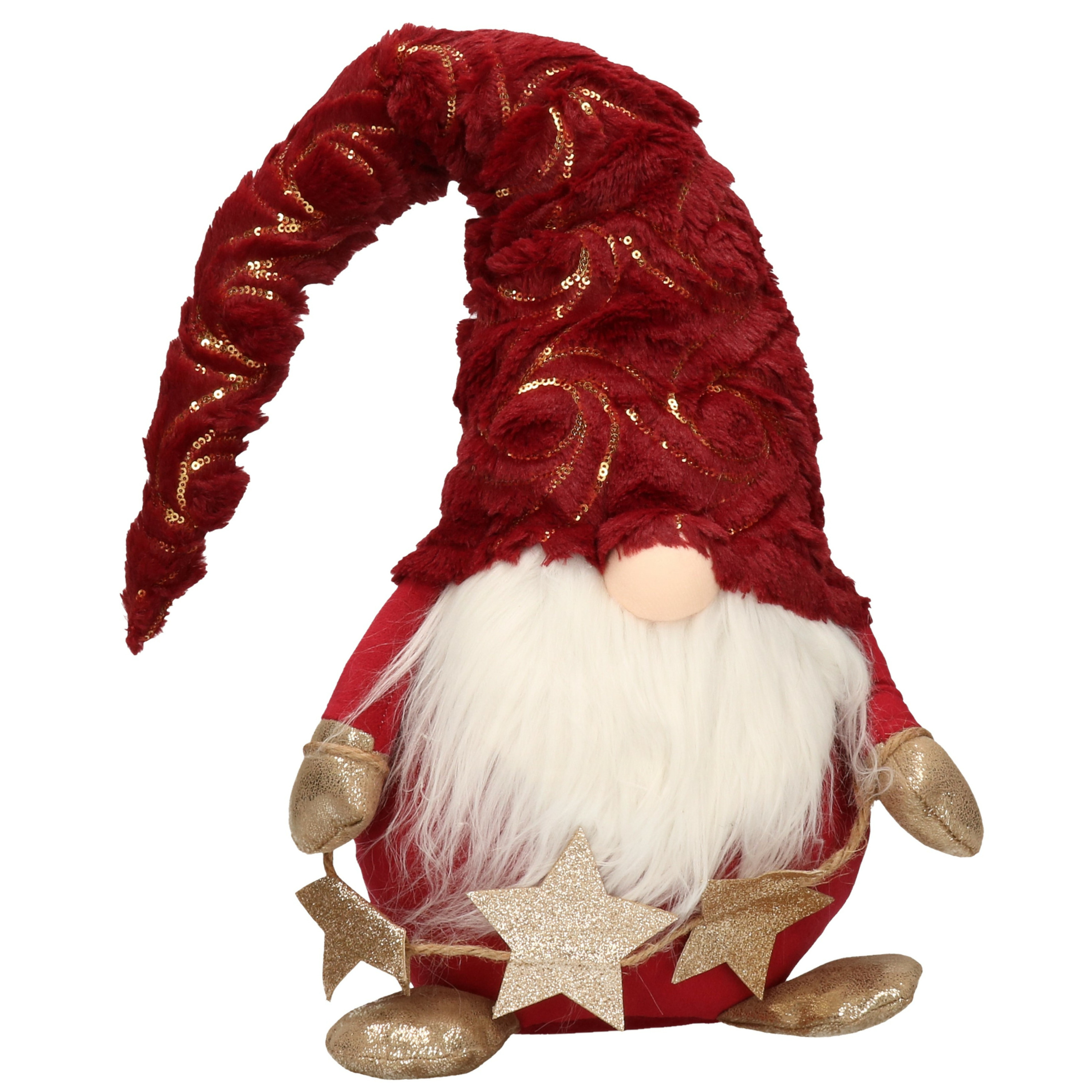 Decoratie pop gnome-kabouter 39 cm rood met goud kerstdecoratie