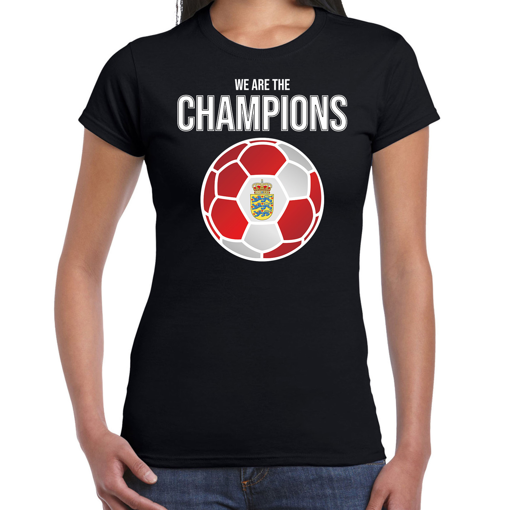 Denemarken EK- WK supporter t-shirt we are the champions met Deense voetbal zwart dames
