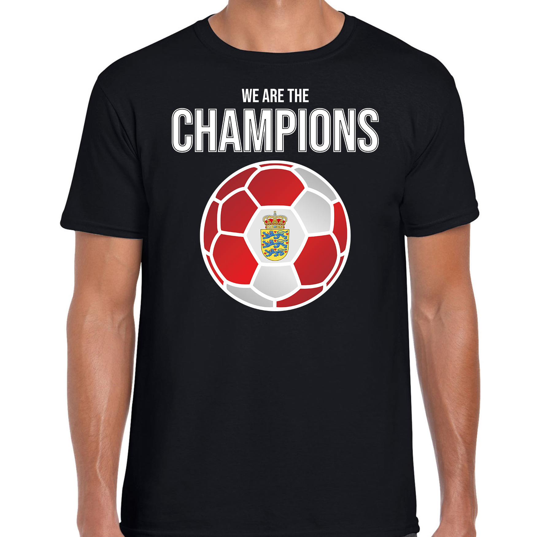 Denemarken EK- WK supporter t-shirt we are the champions met Deense voetbal zwart heren