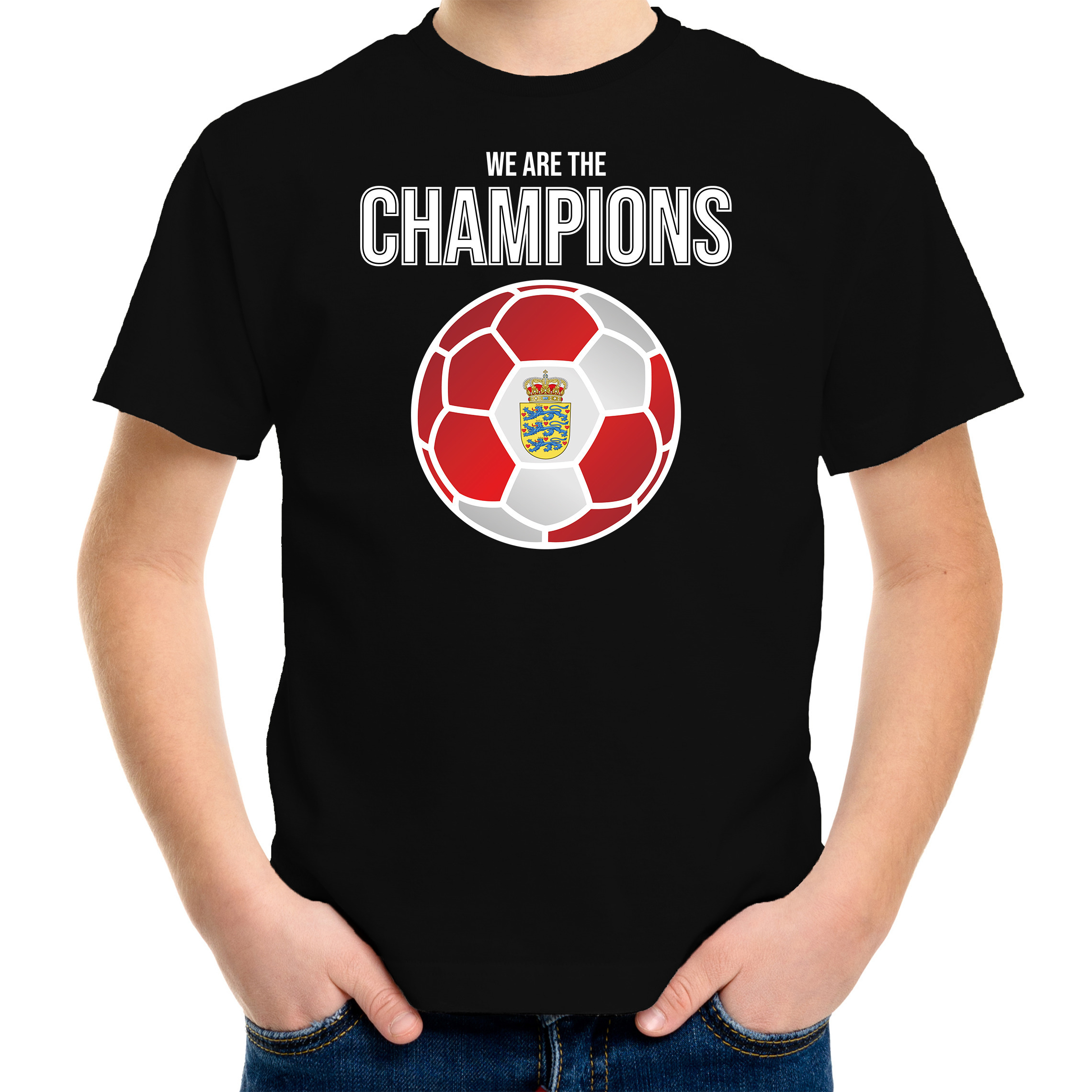 Denemarken EK- WK supporter t-shirt we are the champions met Deense voetbal zwart kinderen