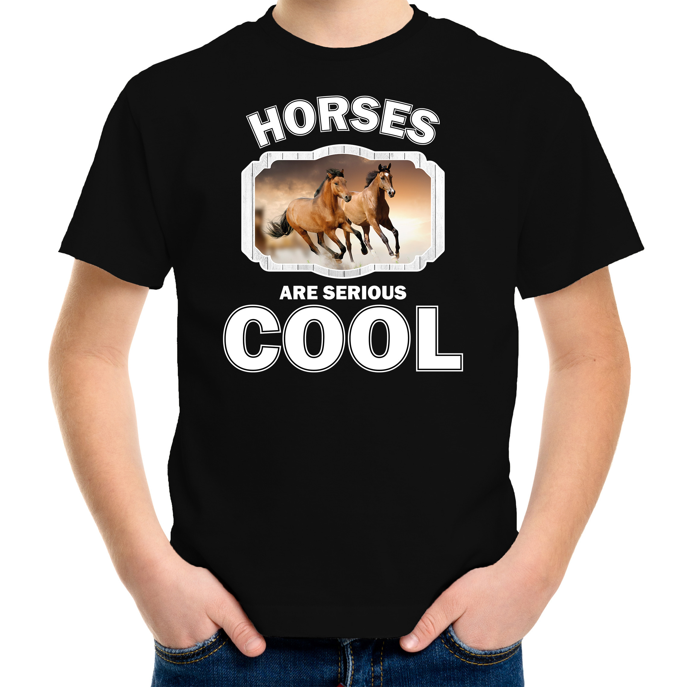 Dieren bruin paard t-shirt zwart kinderen horses are cool shirt jongens en meisjes