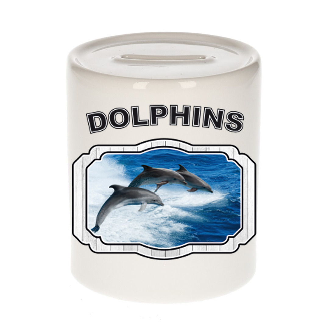 Dieren dolfijn groep spaarpot dolphins- dolfijnen spaarpotten kinderen 9 cm