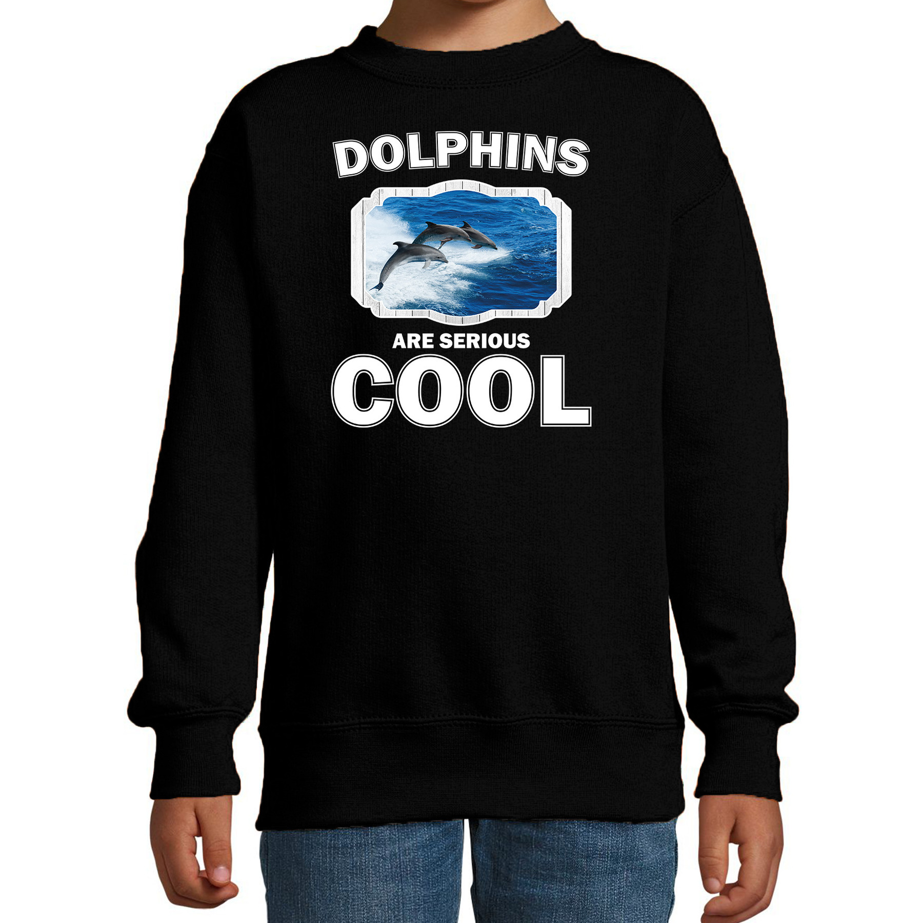 Dieren dolfijn groep sweater zwart kinderen dolphins are cool trui jongens en meisjes