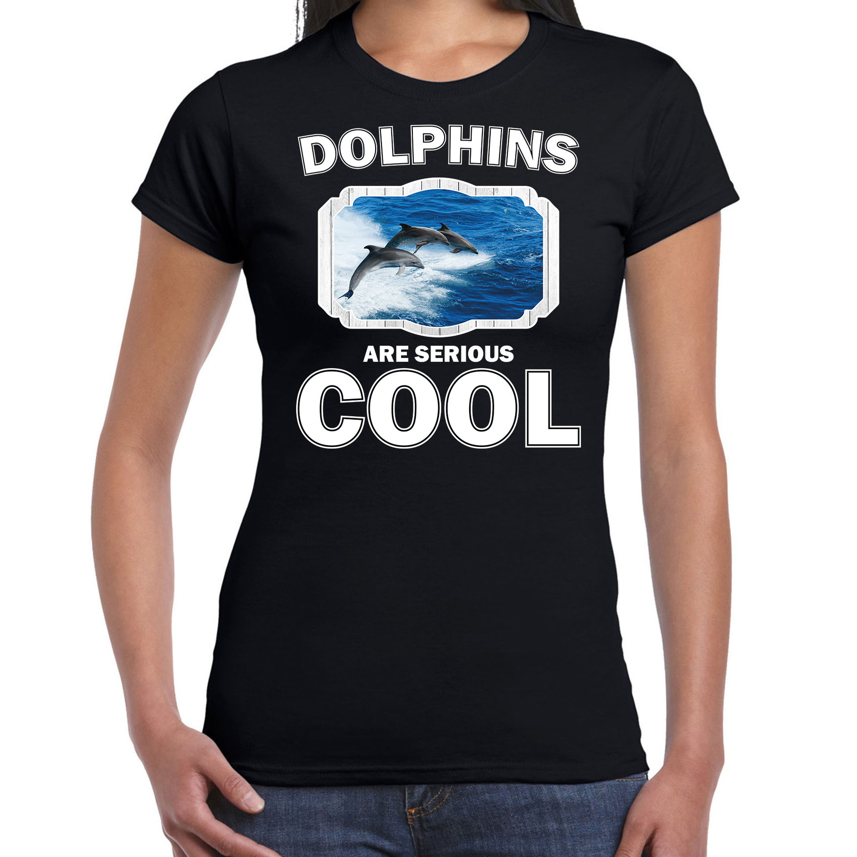 Dieren dolfijn groep t-shirt zwart dames dolphins are cool shirt
