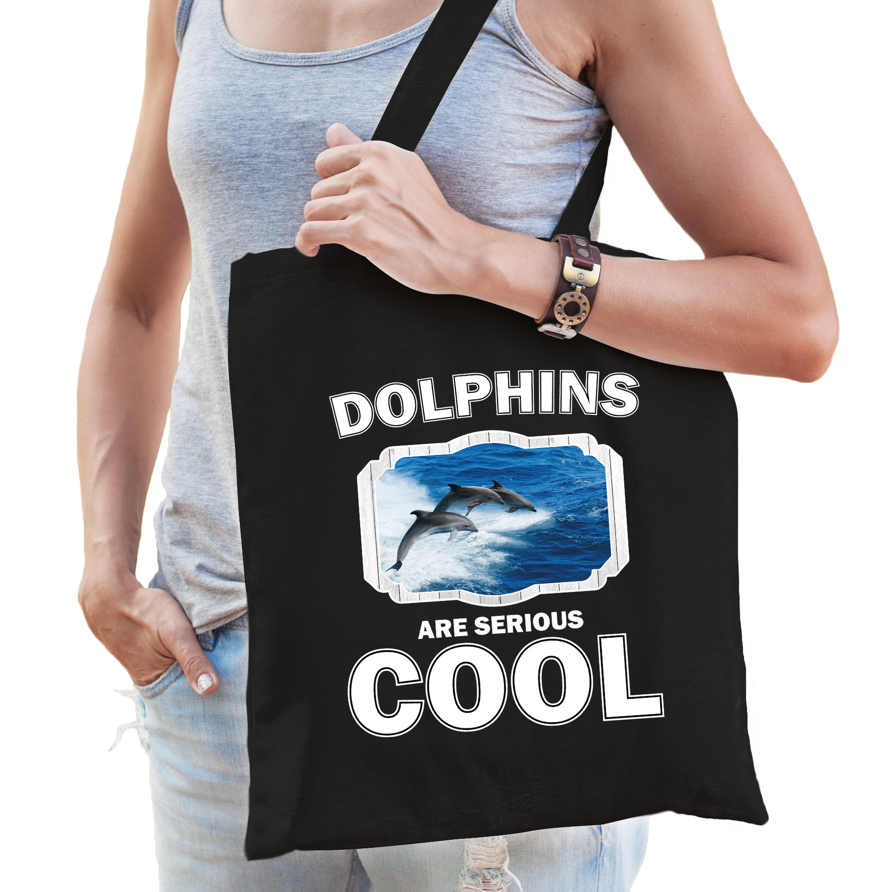 Dieren dolfijn groep tasje zwart volwassenen en kinderen dolphins are cool cadeau boodschappentasj