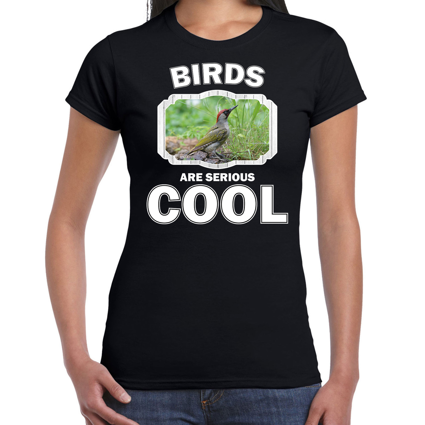 Dieren groene specht t-shirt zwart dames birds are cool shirt