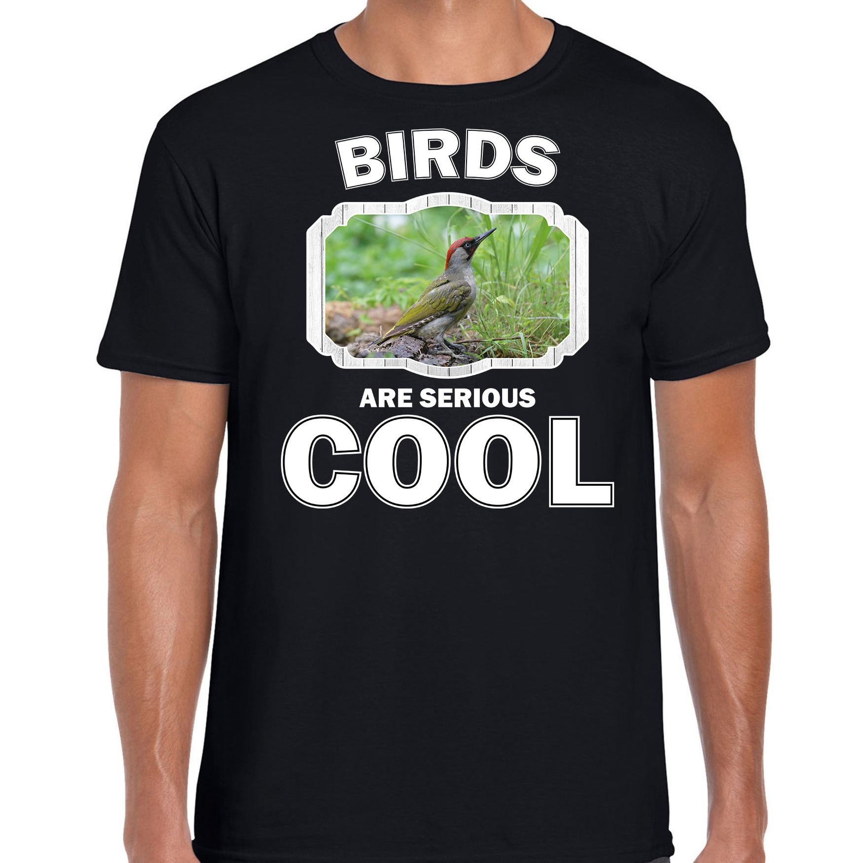 Dieren groene specht t-shirt zwart heren birds are cool shirt