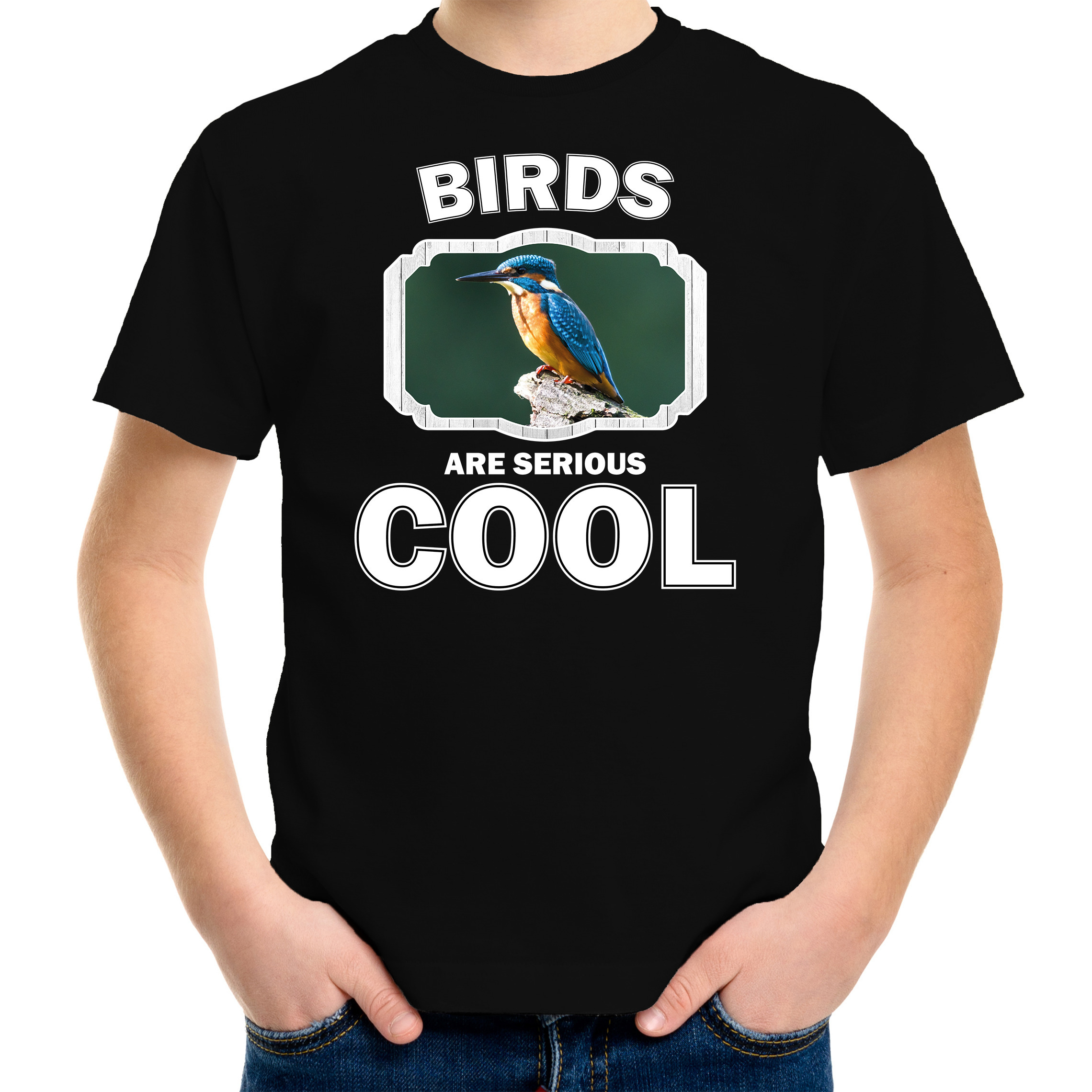 Dieren ijsvogel zittend t-shirt zwart kinderen birds are cool shirt jongens en meisjes