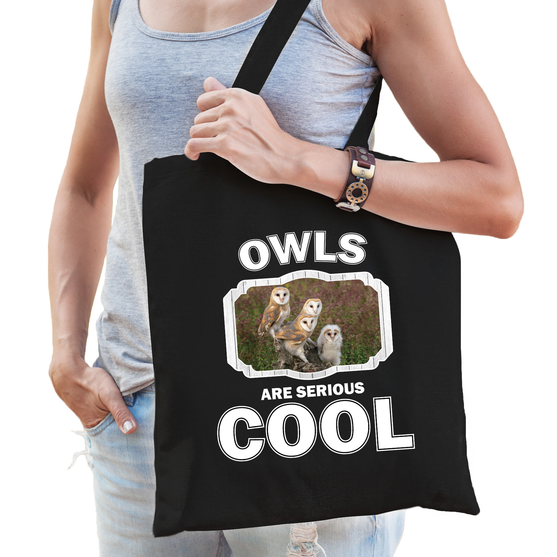 Dieren kerkuil tasje zwart volwassenen en kinderen owls are cool cadeau boodschappentasje