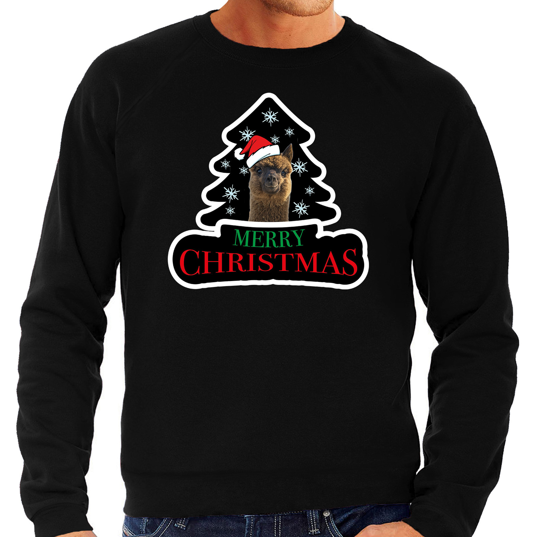 Dieren kersttrui alpaca zwart heren Foute alpacas kerstsweater