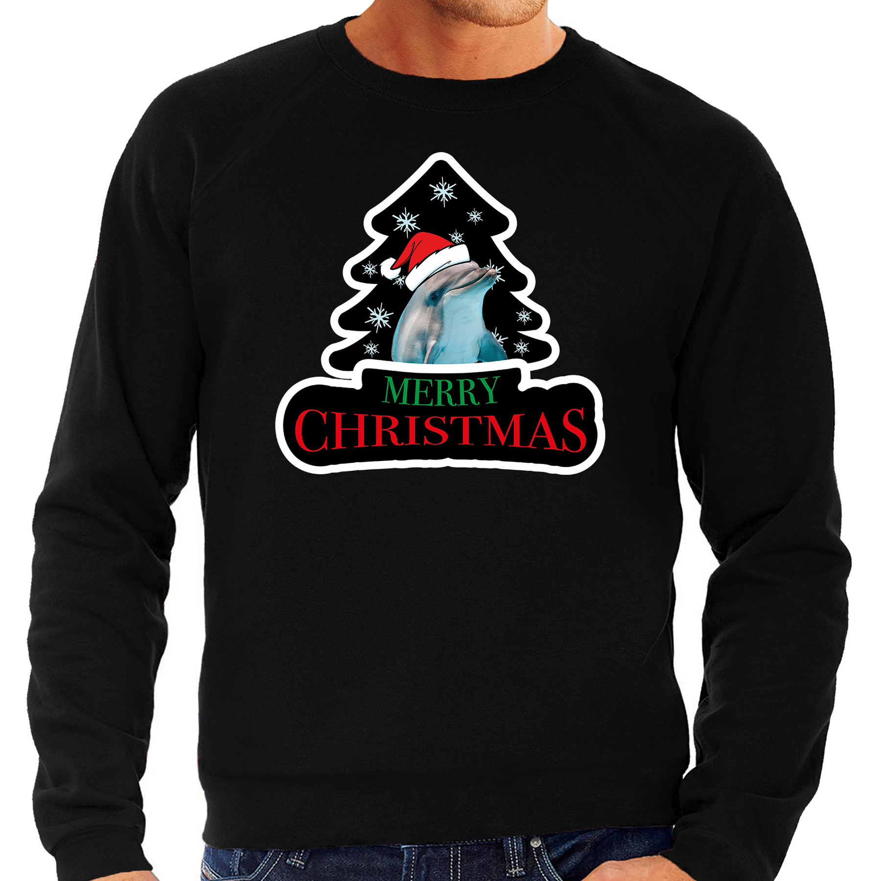 Dieren kersttrui dolfijn zwart heren Foute dolfijnen kerstsweater