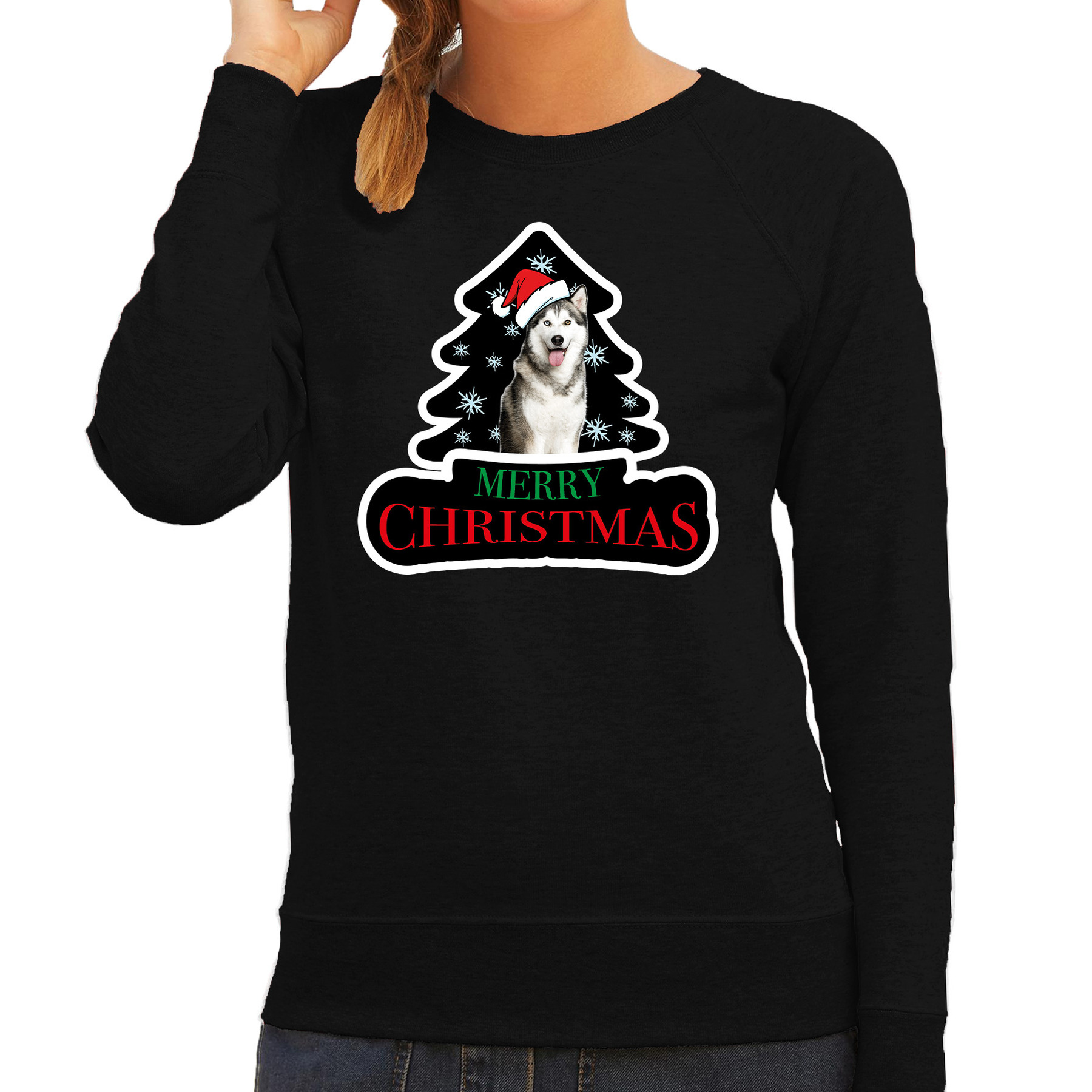 Dieren kersttrui husky zwart dames Foute honden kerstsweater