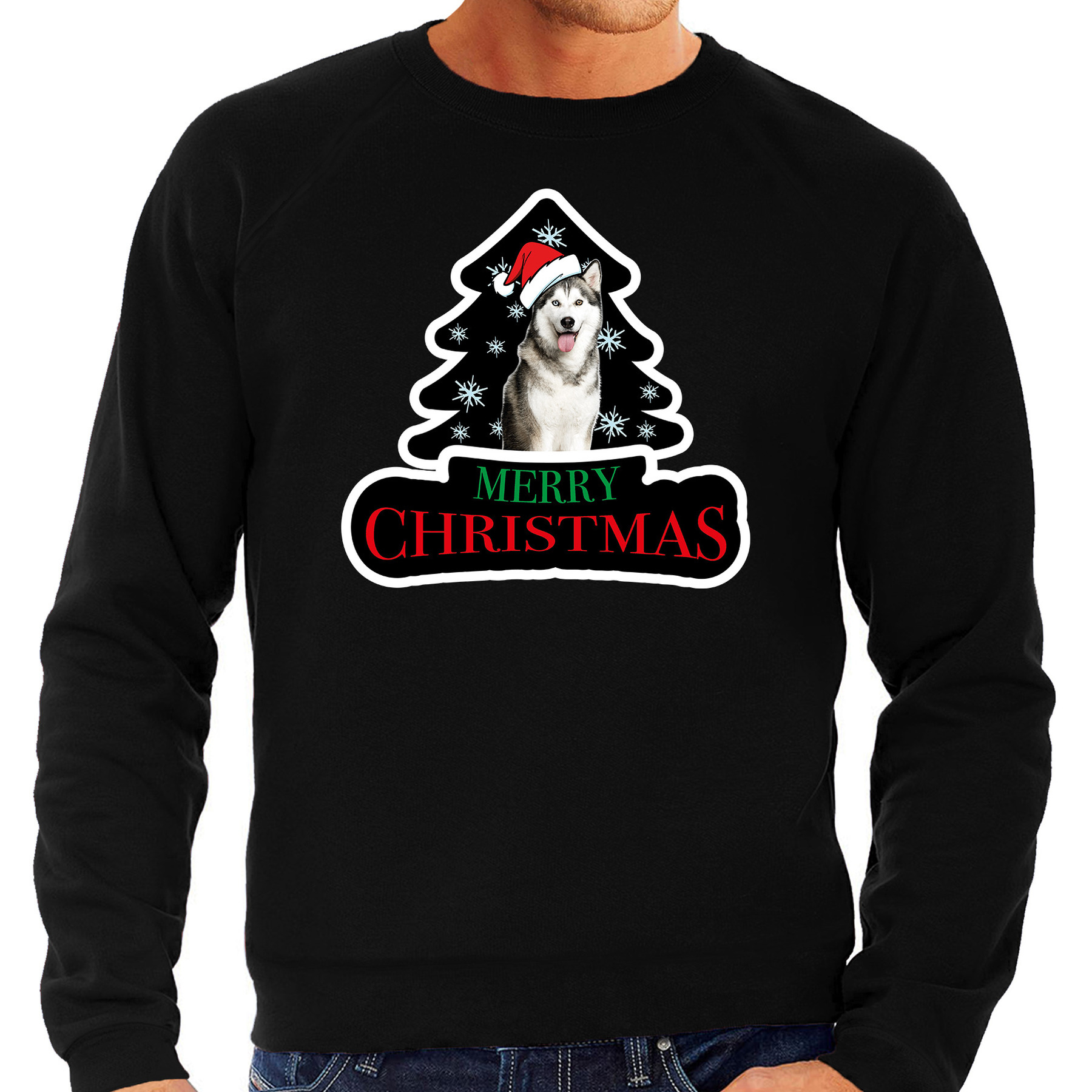 Dieren kersttrui husky zwart heren Foute honden kerstsweater