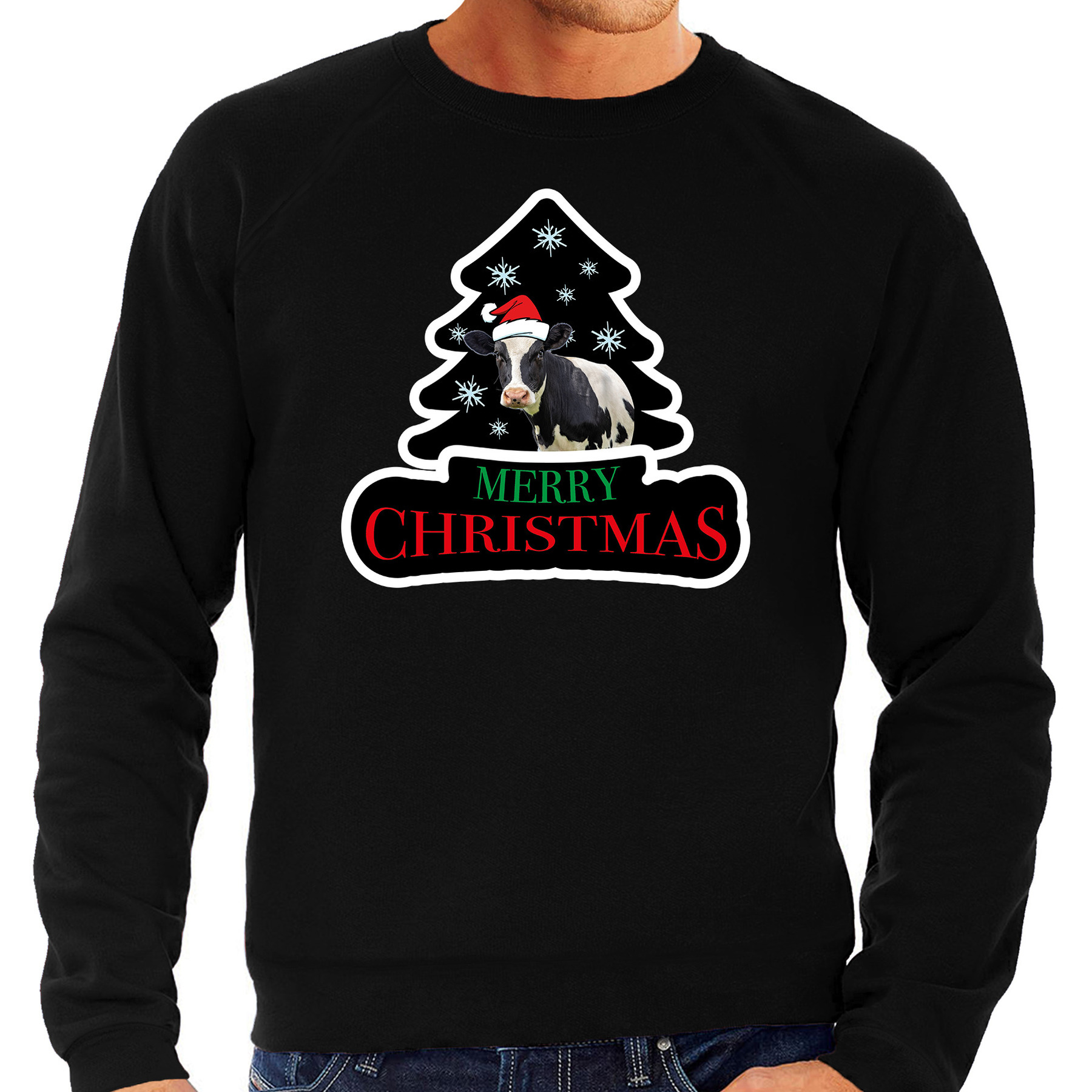 Dieren kersttrui koe zwart heren Foute koeien kerstsweater