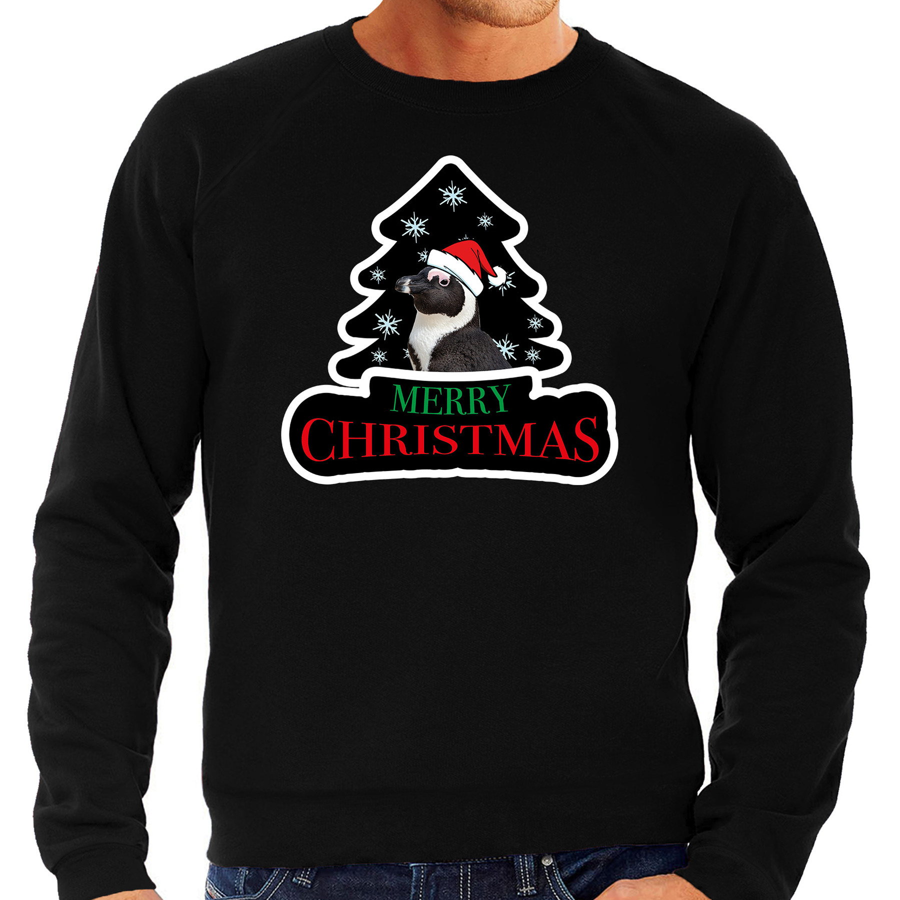 Dieren kersttrui pinguin zwart heren Foute pinguins kerstsweater