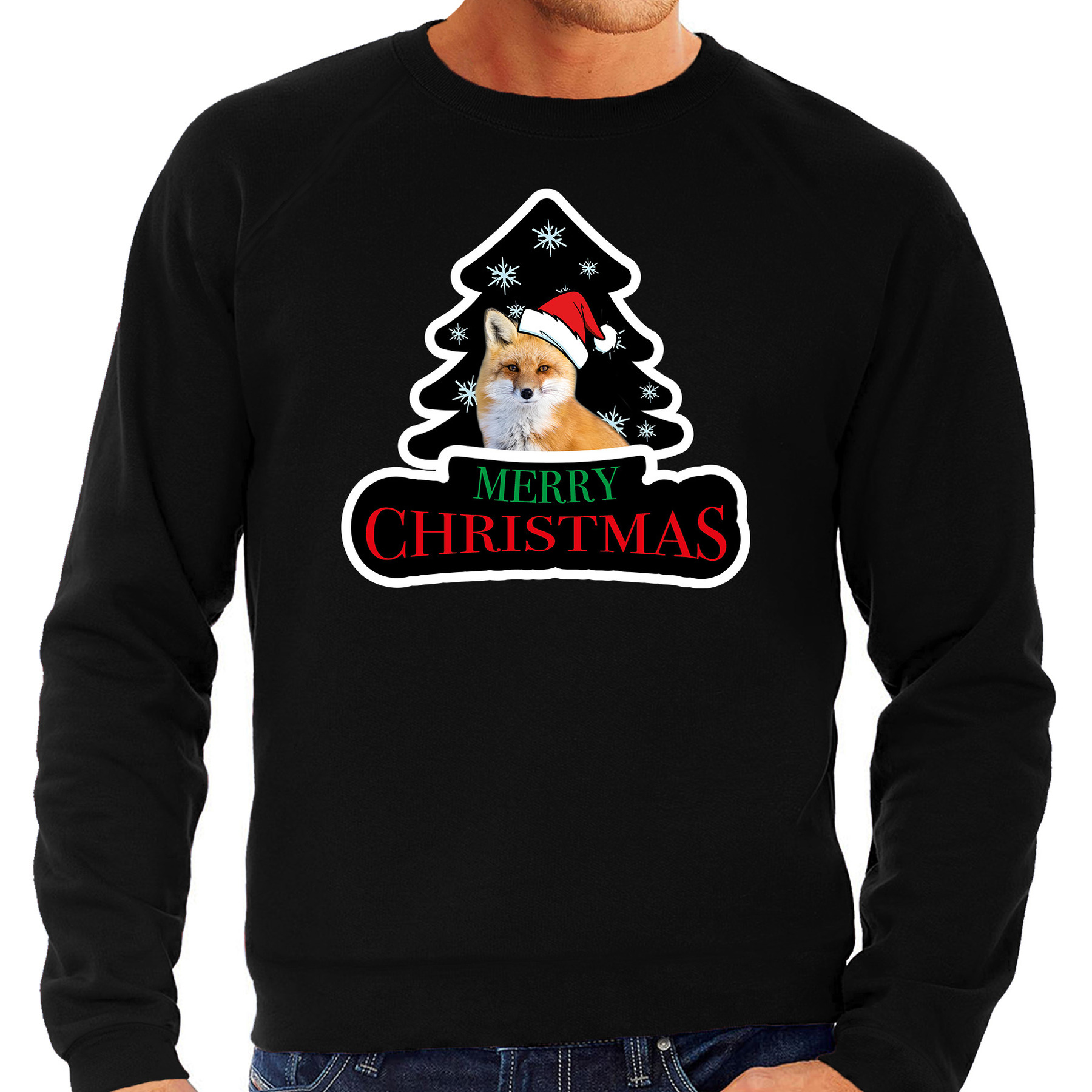 Dieren kersttrui vos zwart heren Foute vossen kerstsweater