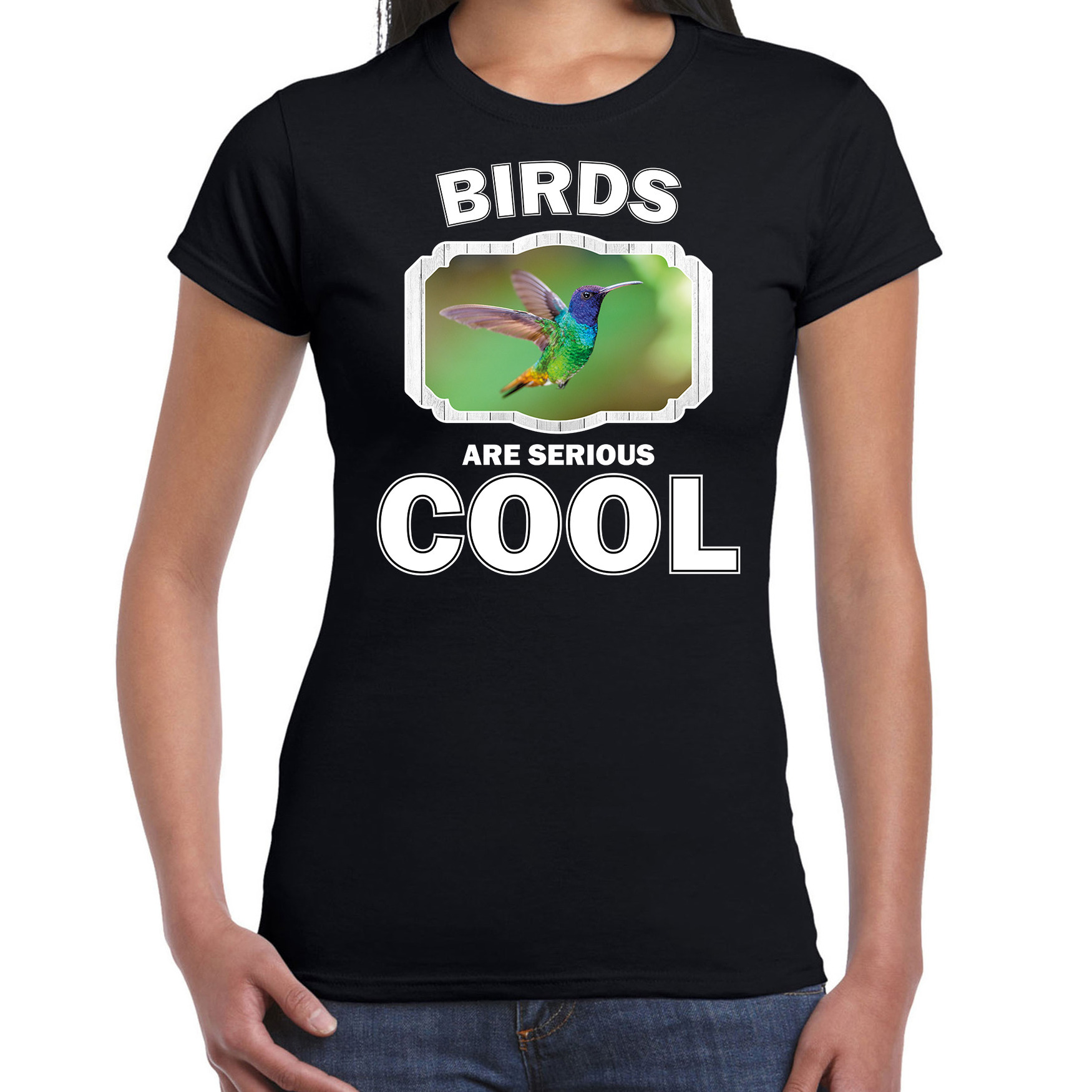 Dieren kolibrie vogel vliegend t-shirt zwart dames birds are cool shirt