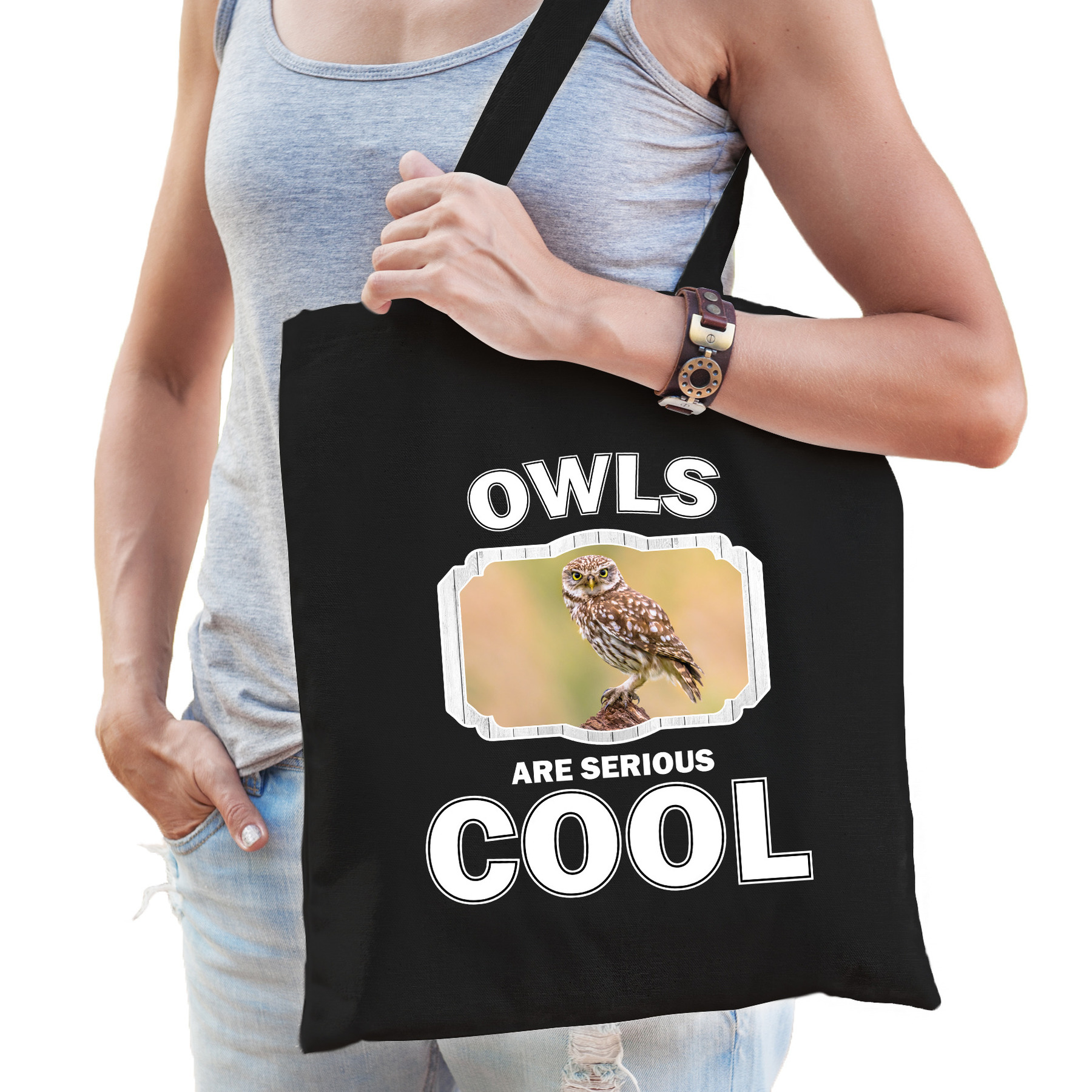 Dieren steenuil tasje zwart volwassenen en kinderen owls are cool cadeau boodschappentasje