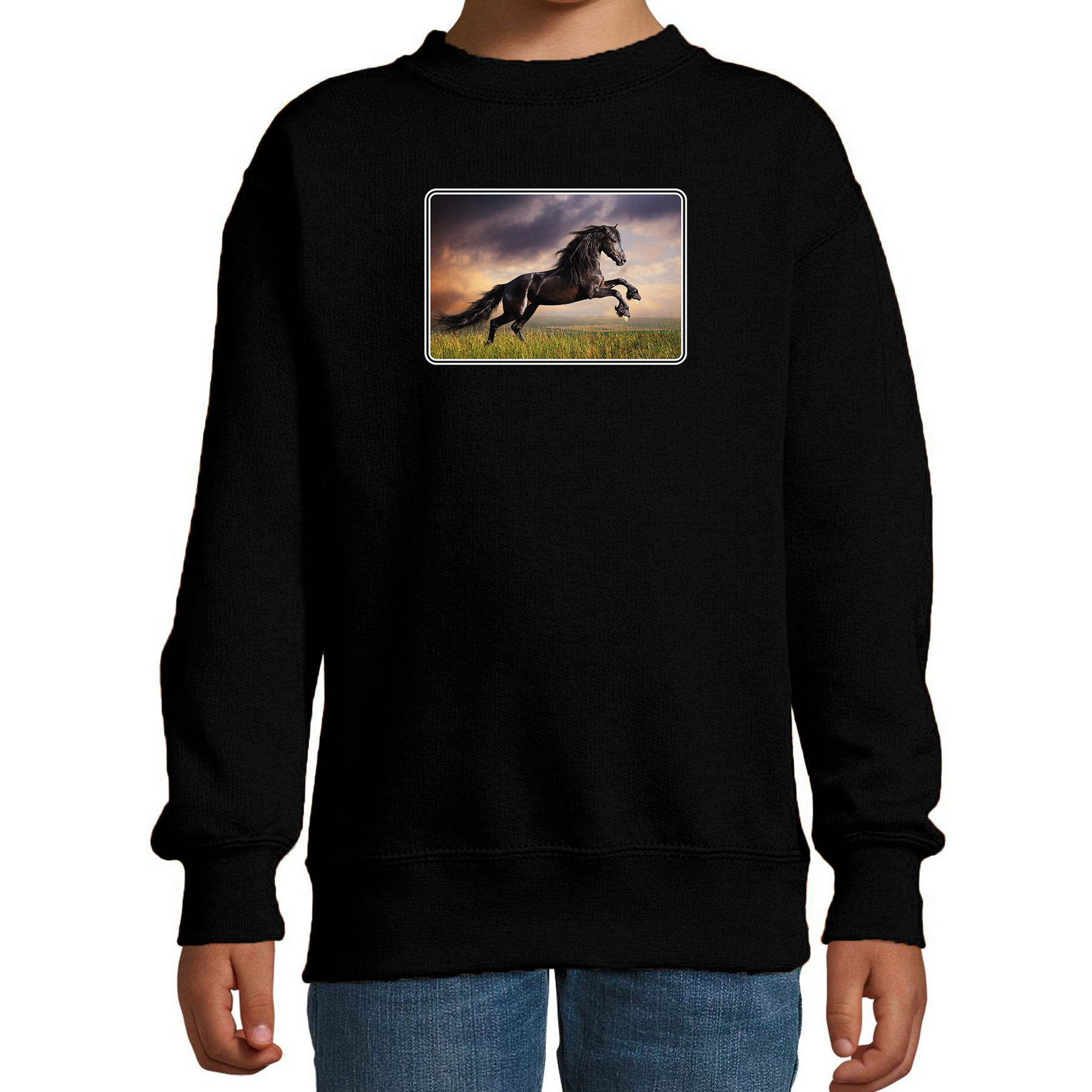 Dieren sweater-trui met paarden foto zwart voor kinderen