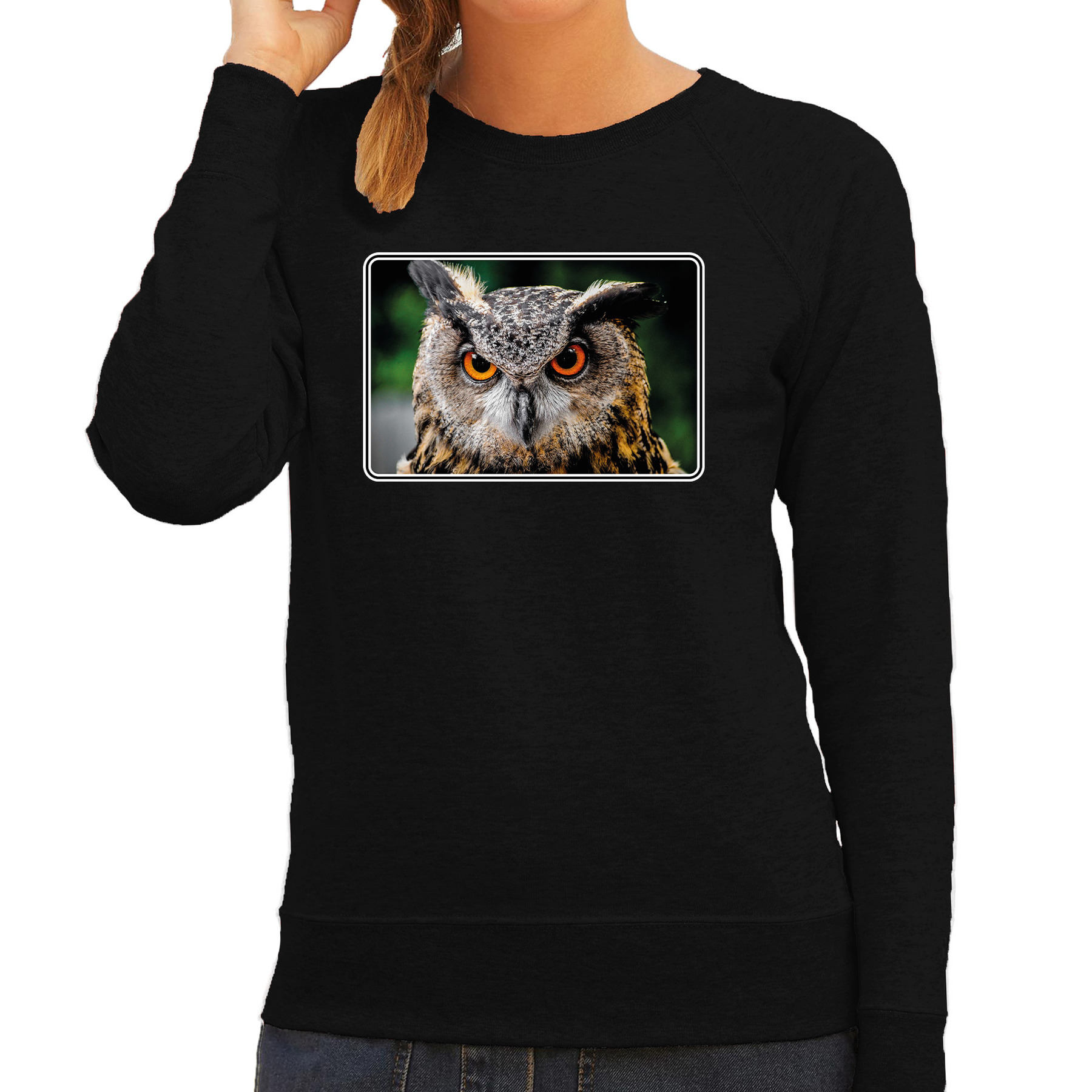 Dieren sweater-trui met uilen foto zwart voor dames