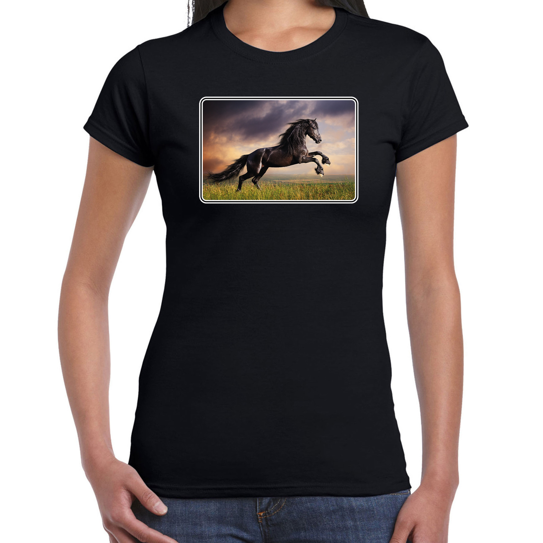 Dieren t-shirt met paarden foto zwart voor dames