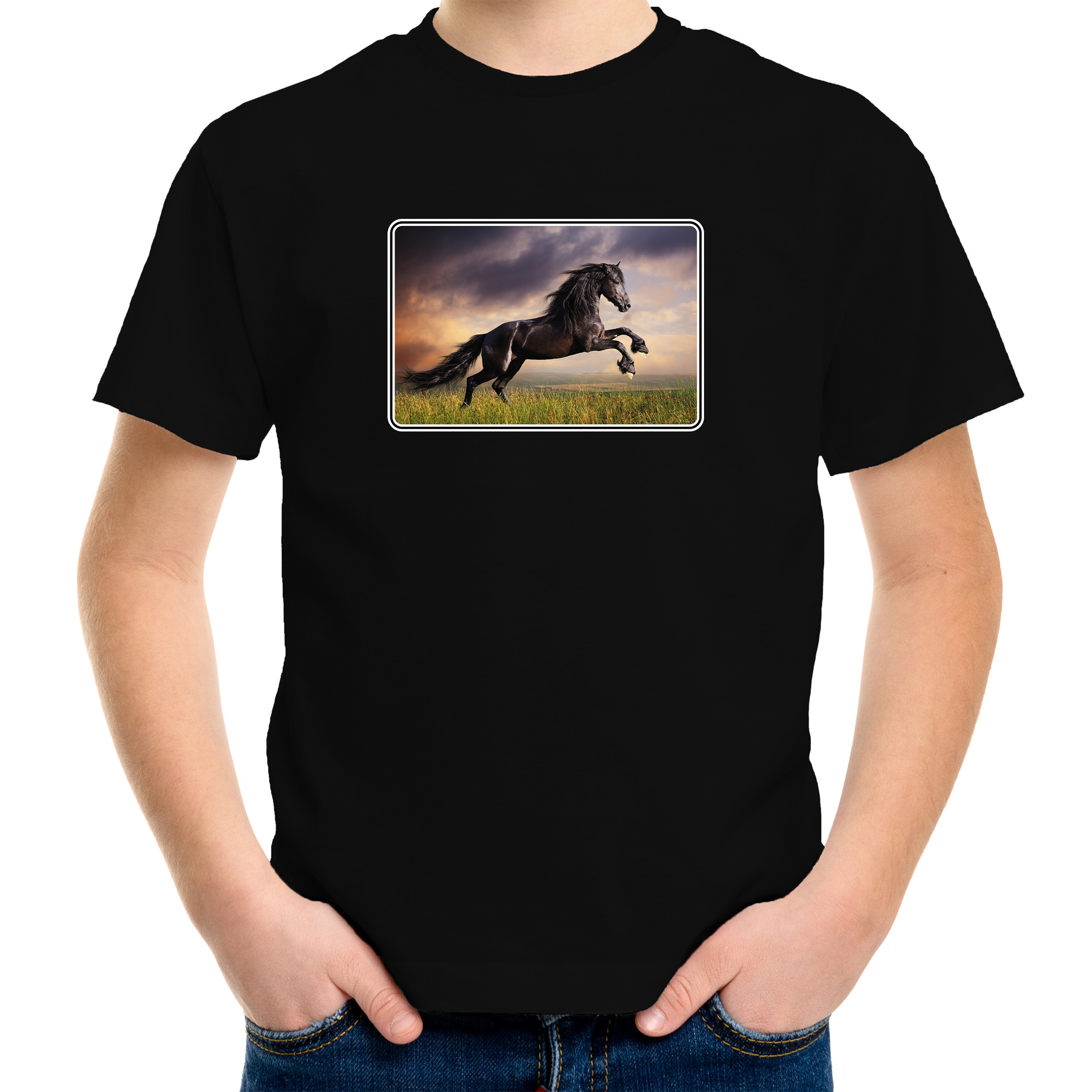 Dieren t-shirt met paarden foto zwart voor kinderen