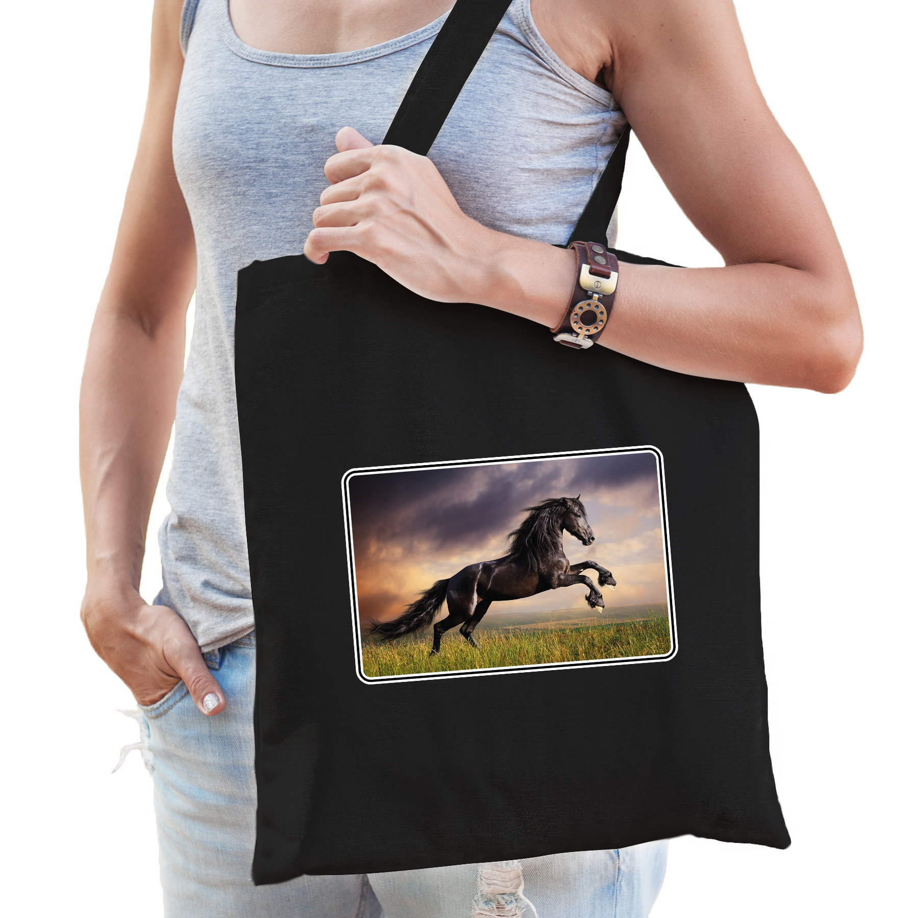 Dieren tas van katoen met paarden foto zwart voor volwassenen